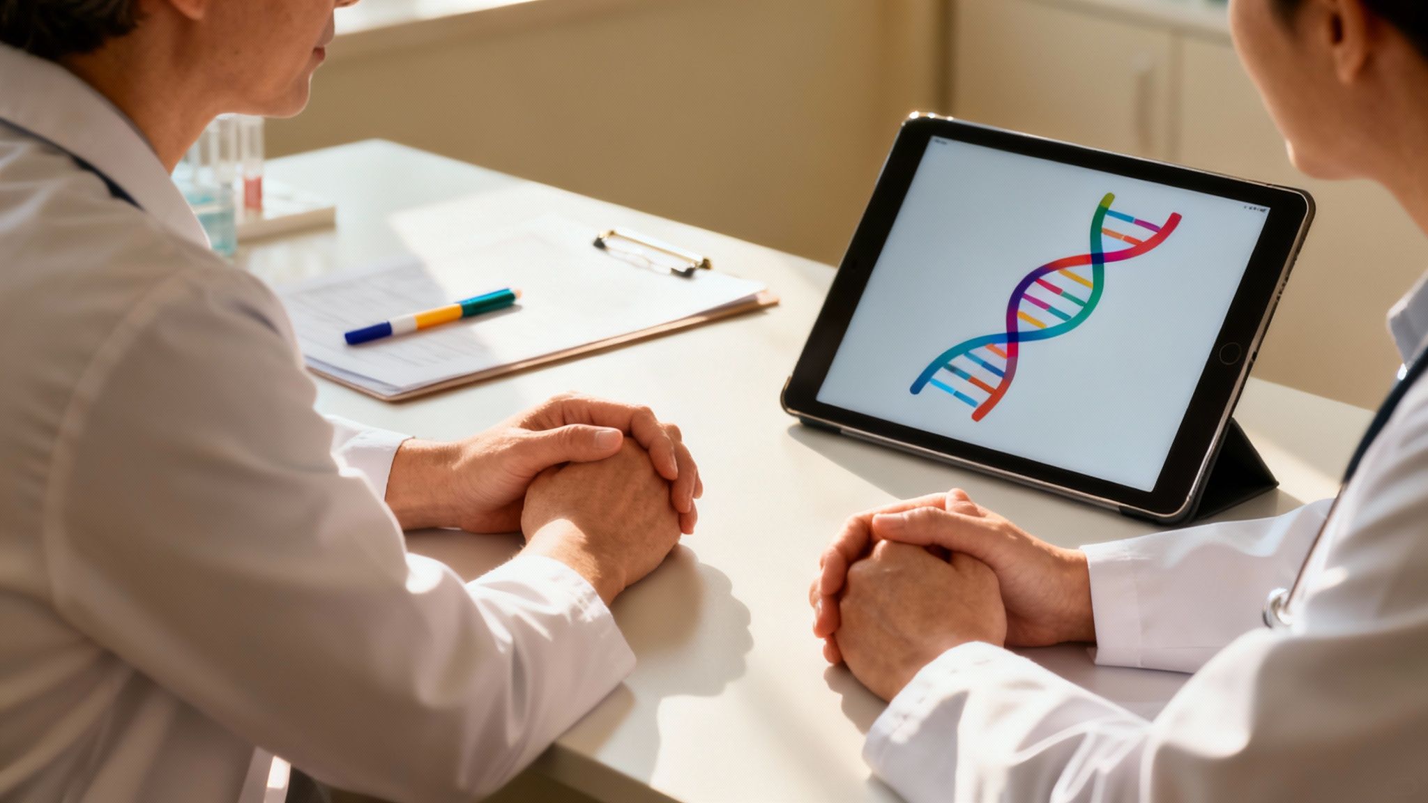 Two doctors discuss genetic data on a tablet displaying a colorful DNA helix. Focus on genetic counseling.