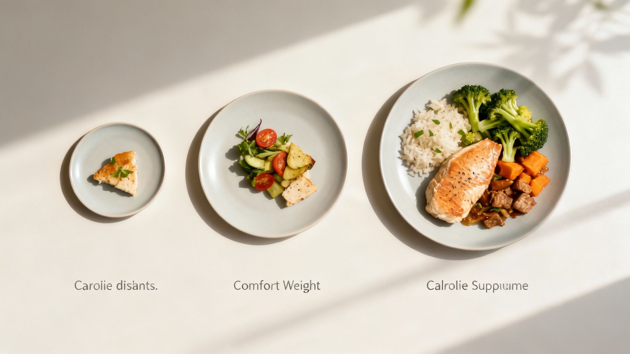 Drei Teller mit verschiedenen Mahlzeiten zeigen unterschiedliche Portionsgrößen und Kalorienniveaus von klein bis groß.