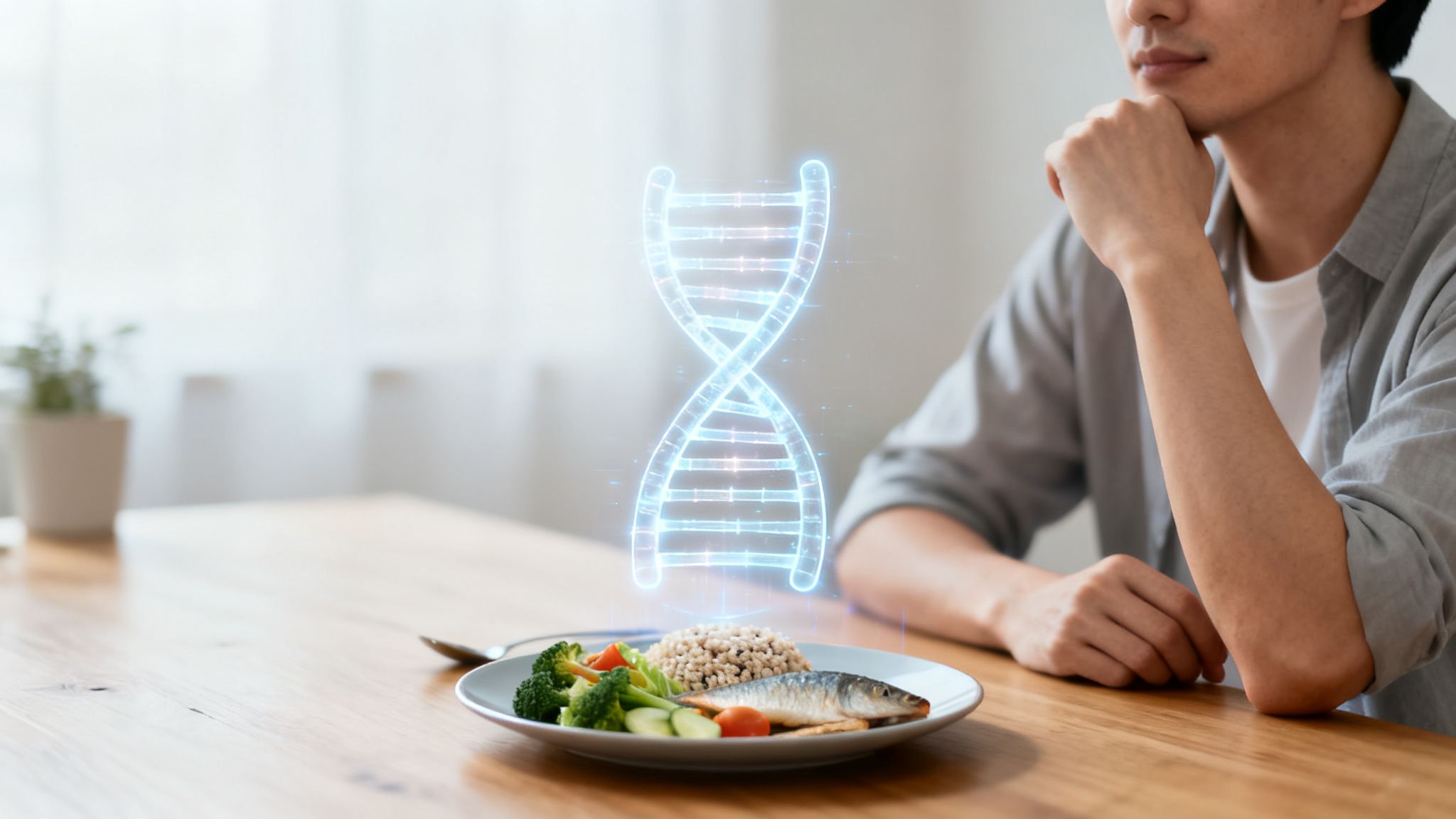 A man looks at a plate of healthy food with a glowing DNA hologram above it, suggesting personalized nutrition.