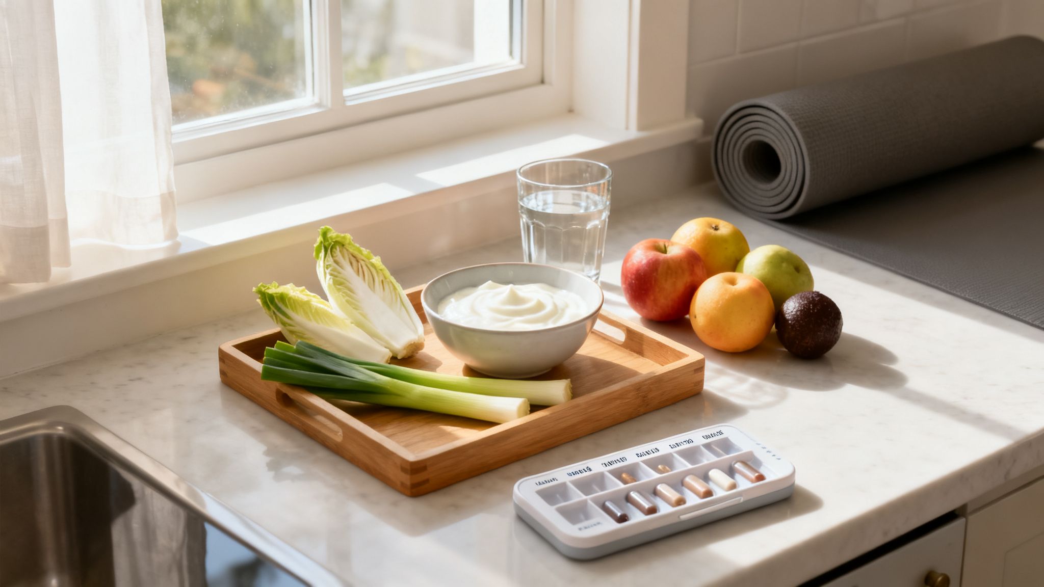 Gesunde Mahlzeit auf Küchentheke mit Joghurt, Gemüse, Obst, Wasser, einer Yoga-Matte und Pillen-Organizer.