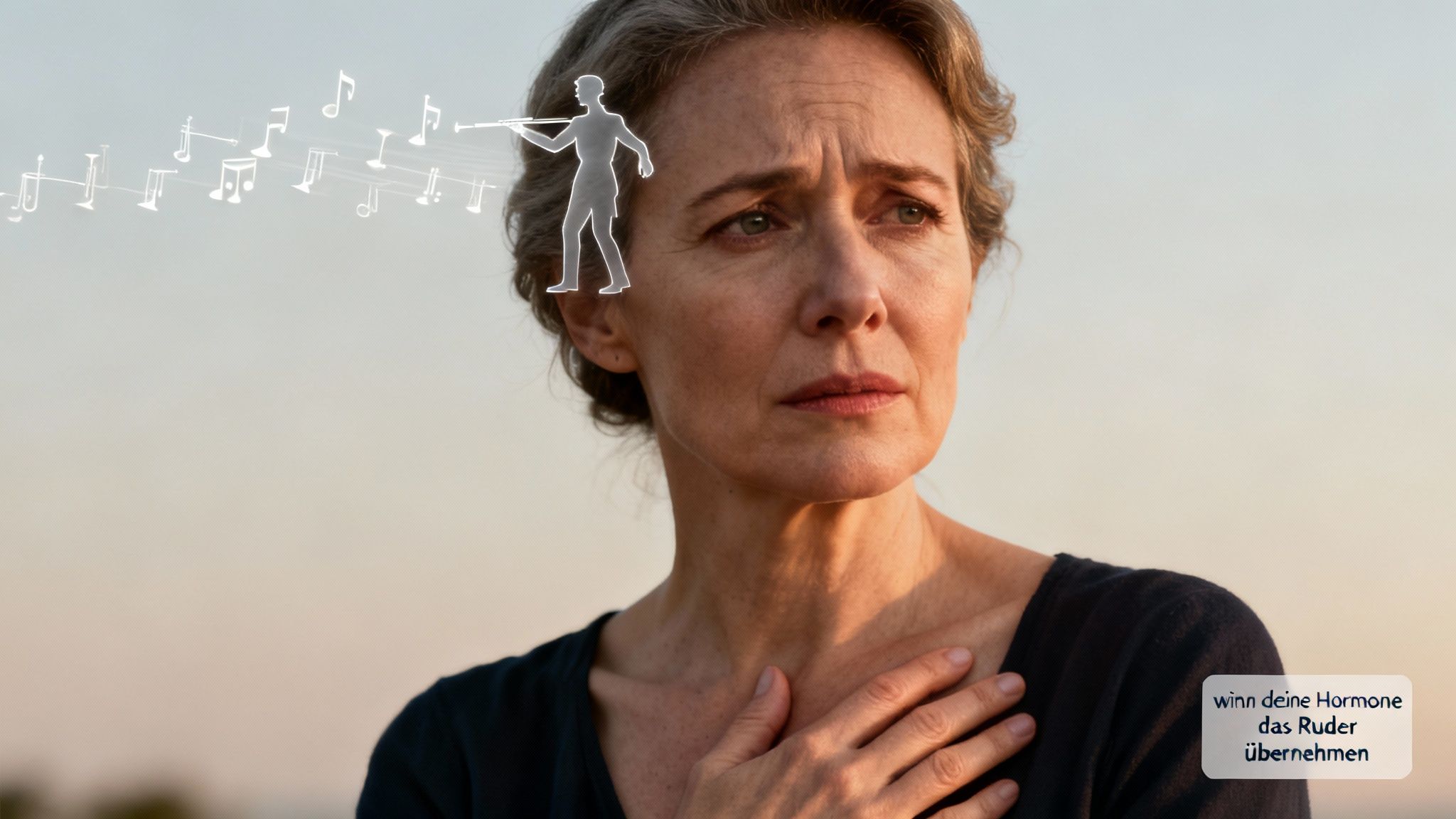 Eine Frau mit besorgtem Ausdruck, umgeben von Noten und einer Waage, symbolisiert hormonelle Ursachen.