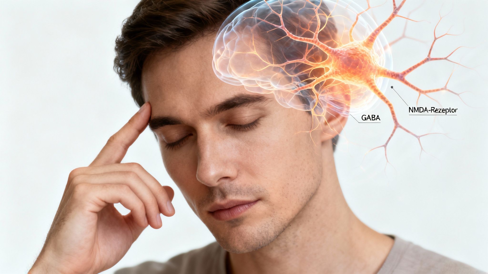 Ein Mann hält sich den Kopf, während eine Illustration von Gehirn und Nervenzellen mit GABA und NMDA-Rezeptoren überlagert ist.