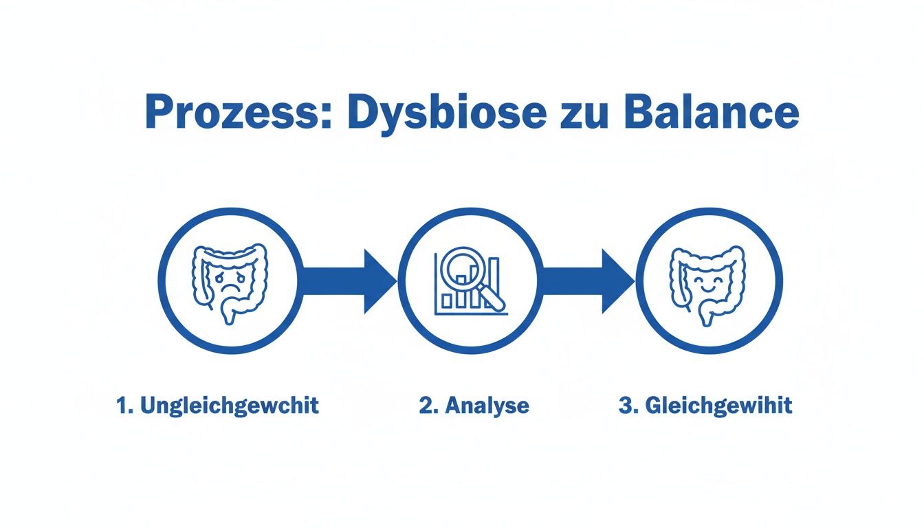 Visualisierung des Prozesses von Dysbiose zu Darmgleichgewicht, über Ungleichgewicht, Analyse und Balance.