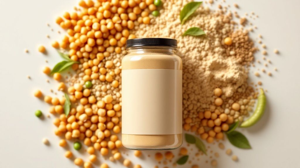 Eine Schüssel mit veganem Proteinpulver, umgeben von Nüssen und Samen, was seine natürlichen Inhaltsstoffe unterstreicht