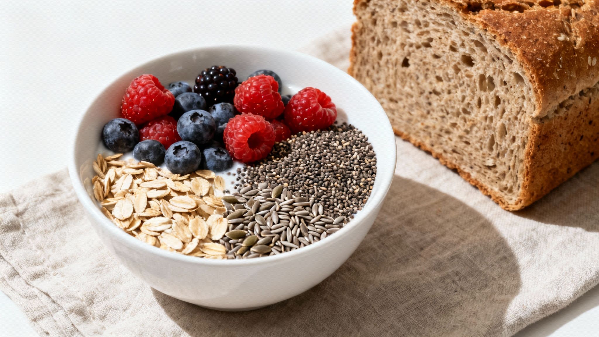Eine Schüssel Joghurt mit frischen Beeren, Haferflocken und verschiedenen Samen neben einem Brot auf Leinen.