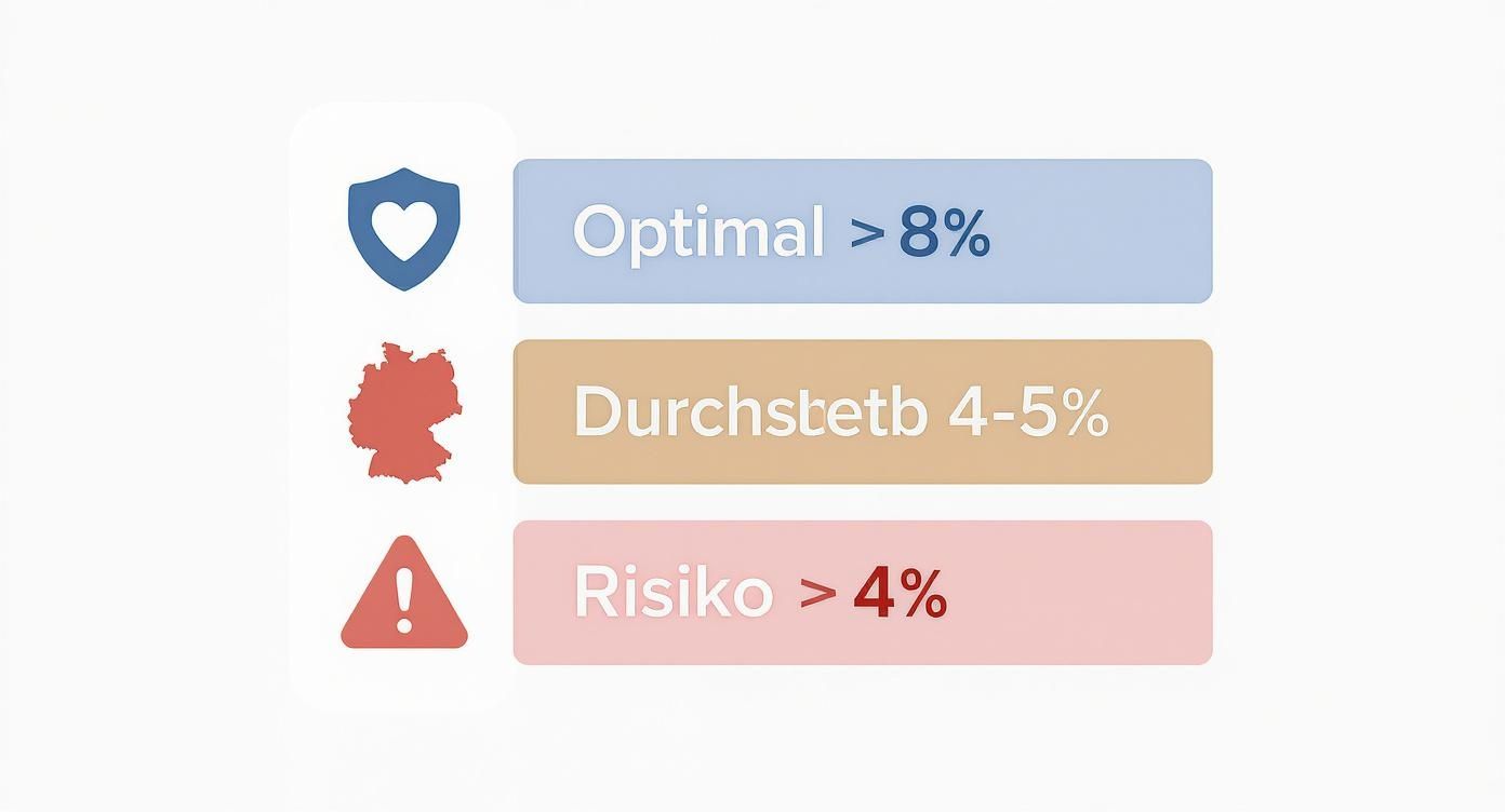 Drei farbige Balken zeigen Klassifizierungen für den Omega-3-Index: Optimal (>8%), Durchstetb (4-5%) und Risiko (>4%).