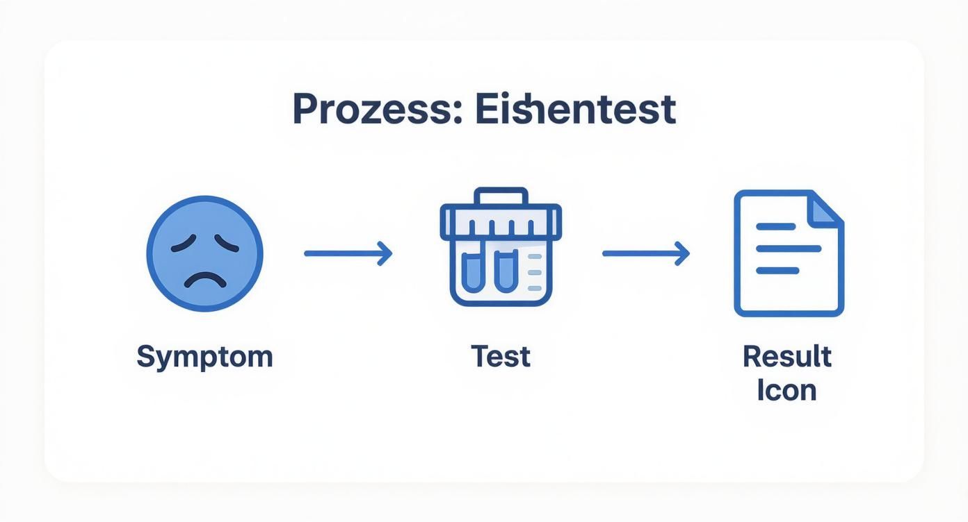 Flussdiagramm illustriert den Prozess eines Eisentests: Beginnend mit einem Symptom, gefolgt von einem Test und endend mit einem Ergebnis.