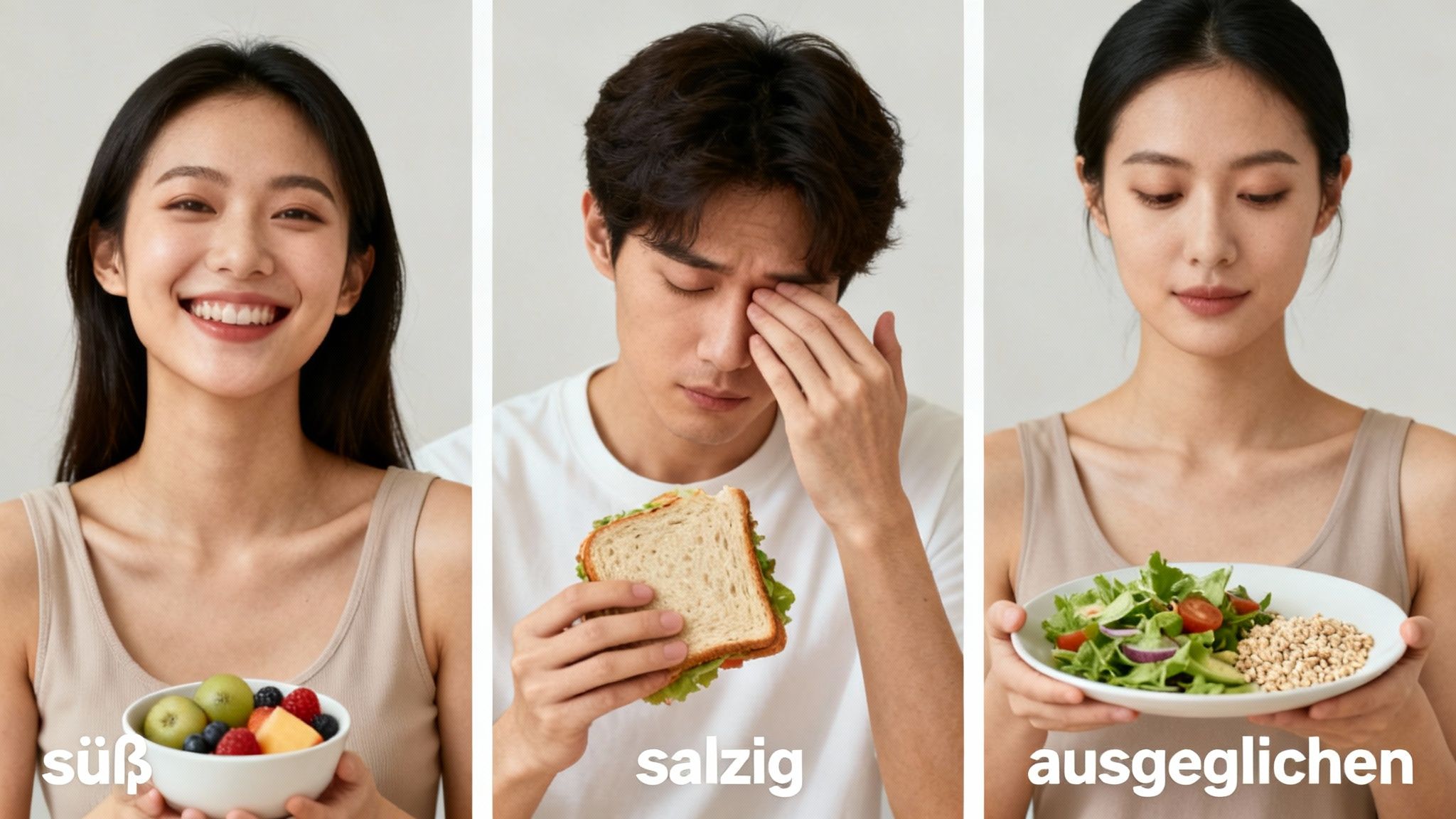 Drei Personen zeigen Ernährungstypen: süßes Obst, salziges Sandwich, ausgeglichener Salat.