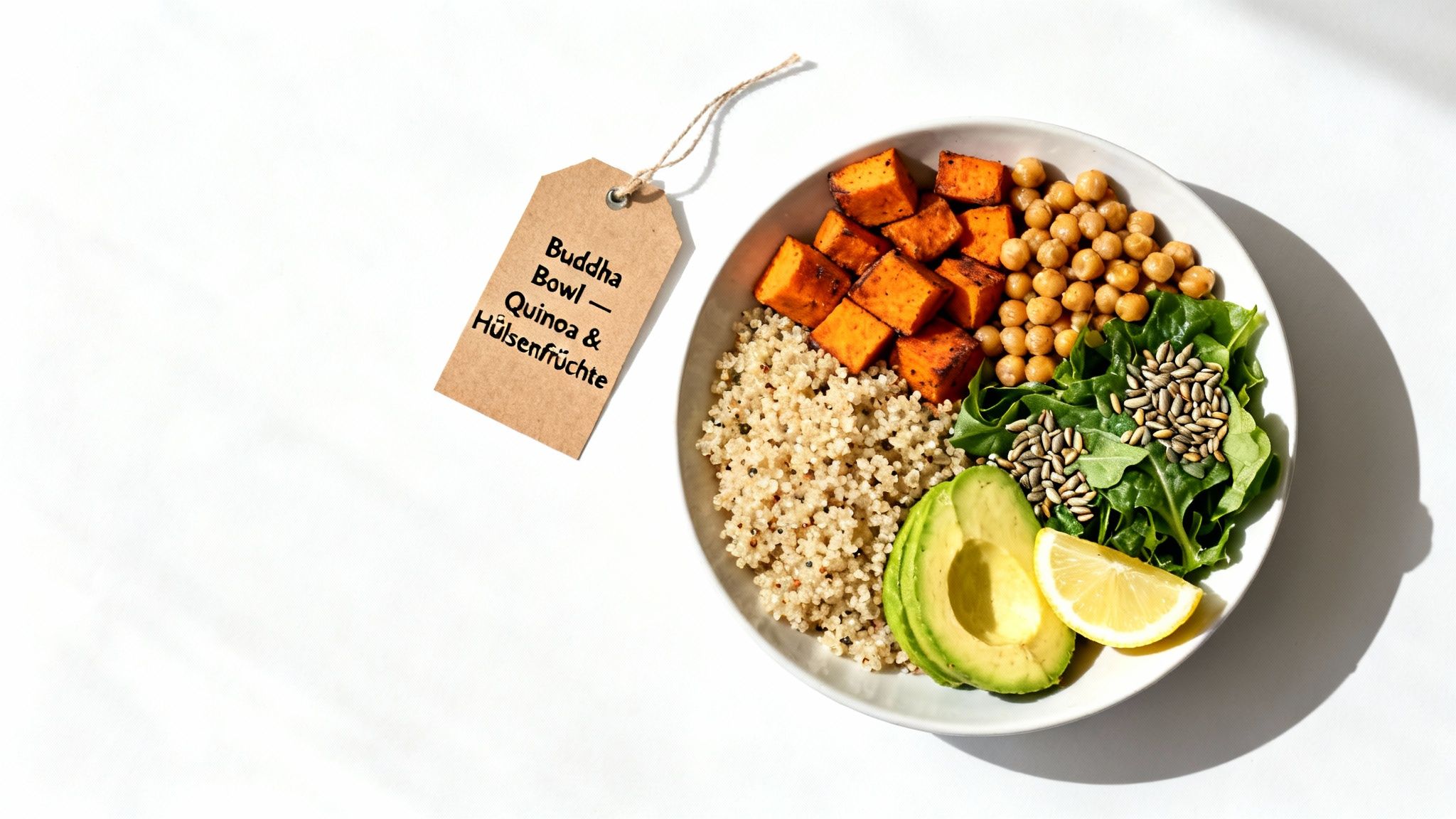 Eine Buddha Bowl mit Quinoa, Süßkartoffeln, Kichererbsen, Rucola, Avocado und Zitrone auf weißem Hintergrund.