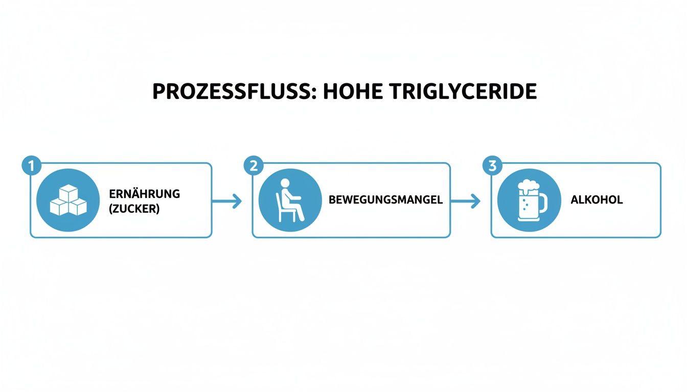 Ein Prozessflussdiagramm zeigt drei Hauptfaktoren für hohe Triglyceride: Ernährung (Zucker), Bewegungsmangel und Alkoholkonsum.