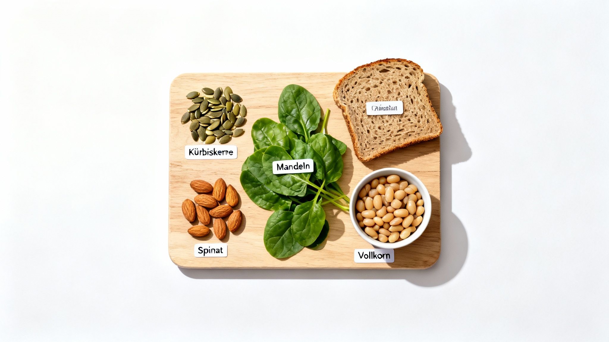 Verschiedene magnesiumreiche Lebensmittel auf einem Holzbrett, darunter Kürbiskerne, Mandeln, Spinat, Vollkornbrot und weiße Bohnen.