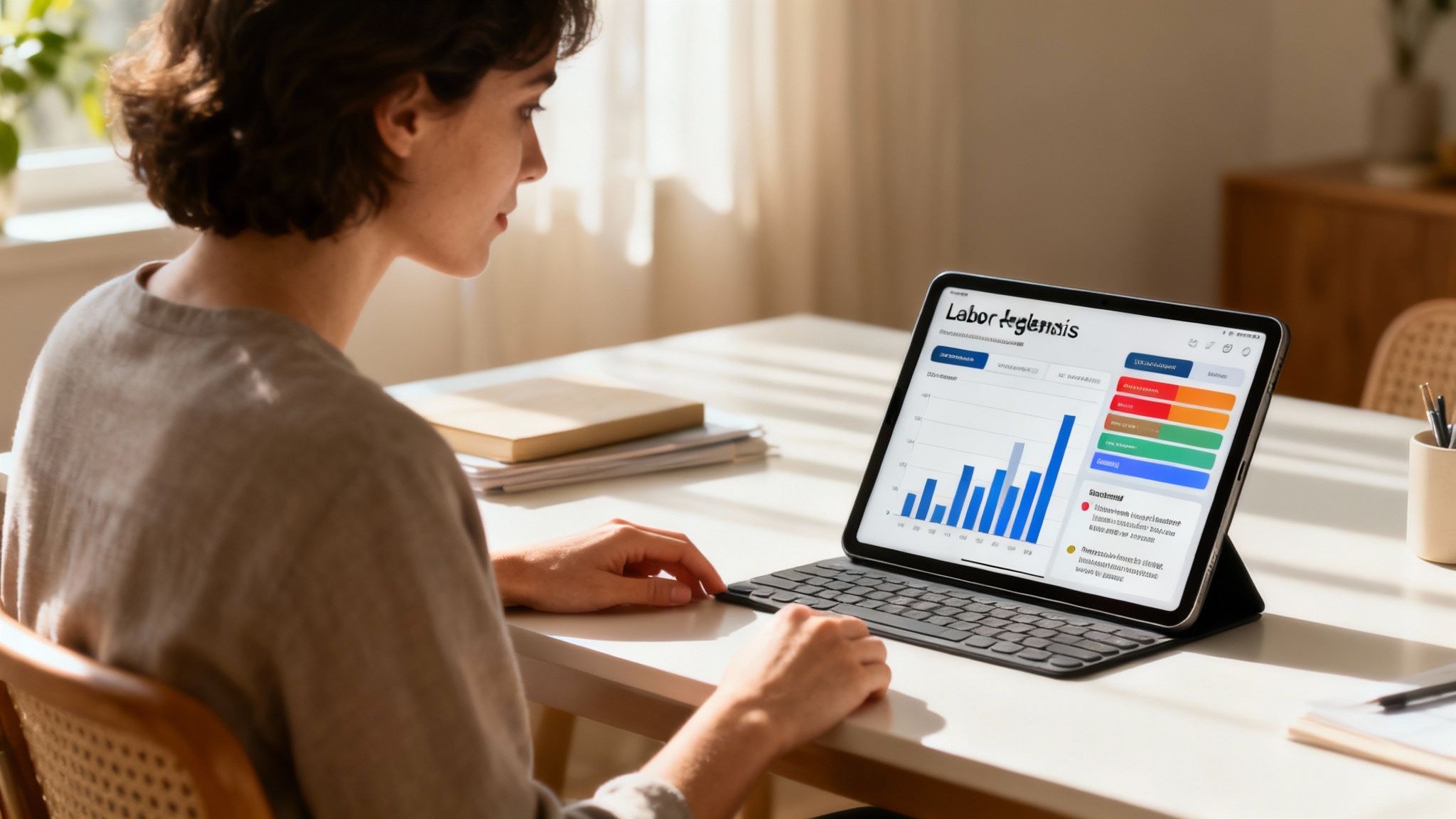 Frau arbeitet am Tablet mit Gesundheitsdashboard und Laborergebnissen am Schreibtisch zu Hause