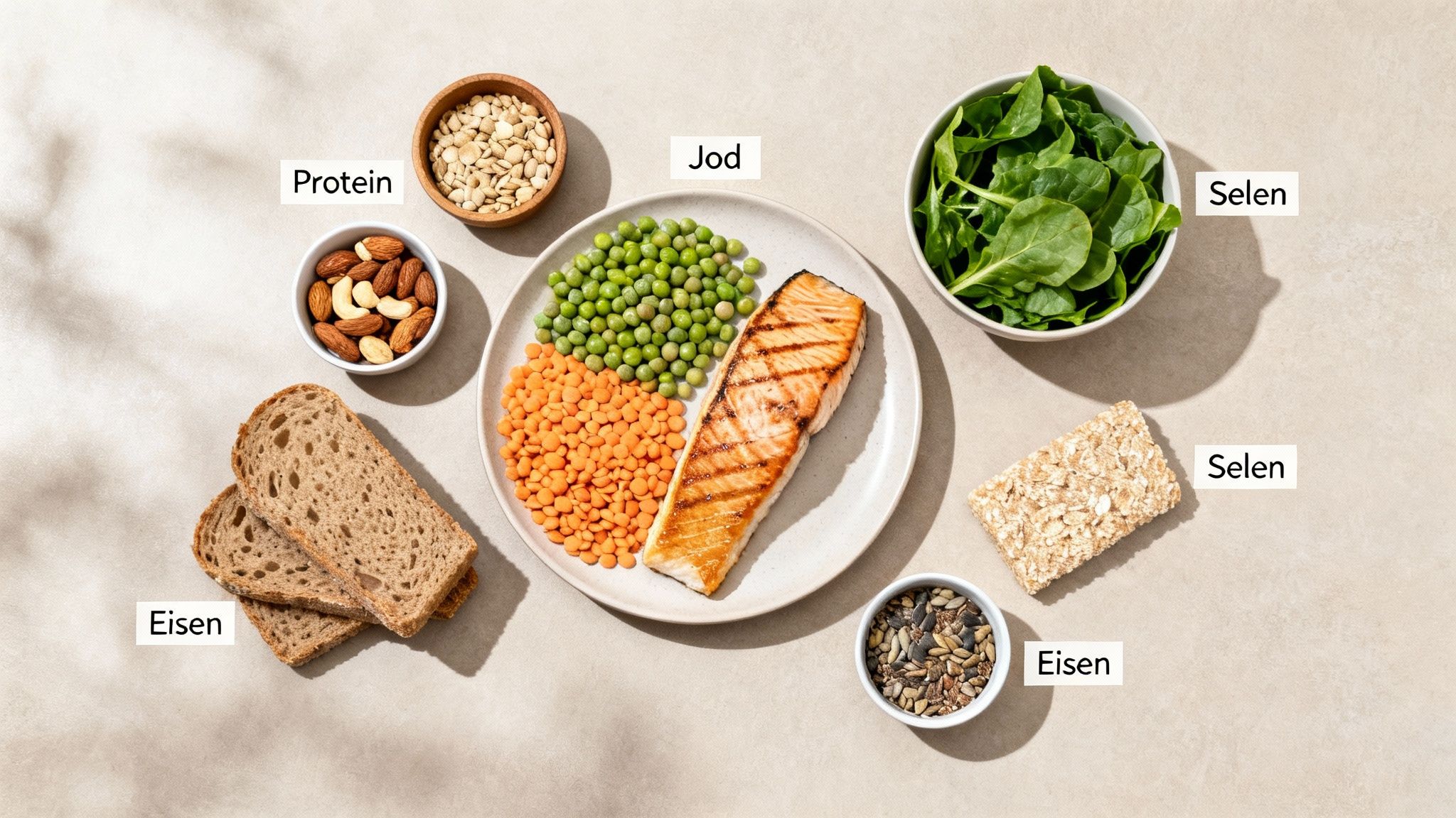 Ausgewogene Mahlzeit mit Lachs, Hülsenfrüchten, Nüssen und Gemüse, reich an Protein, Jod, Selen und Eisen.