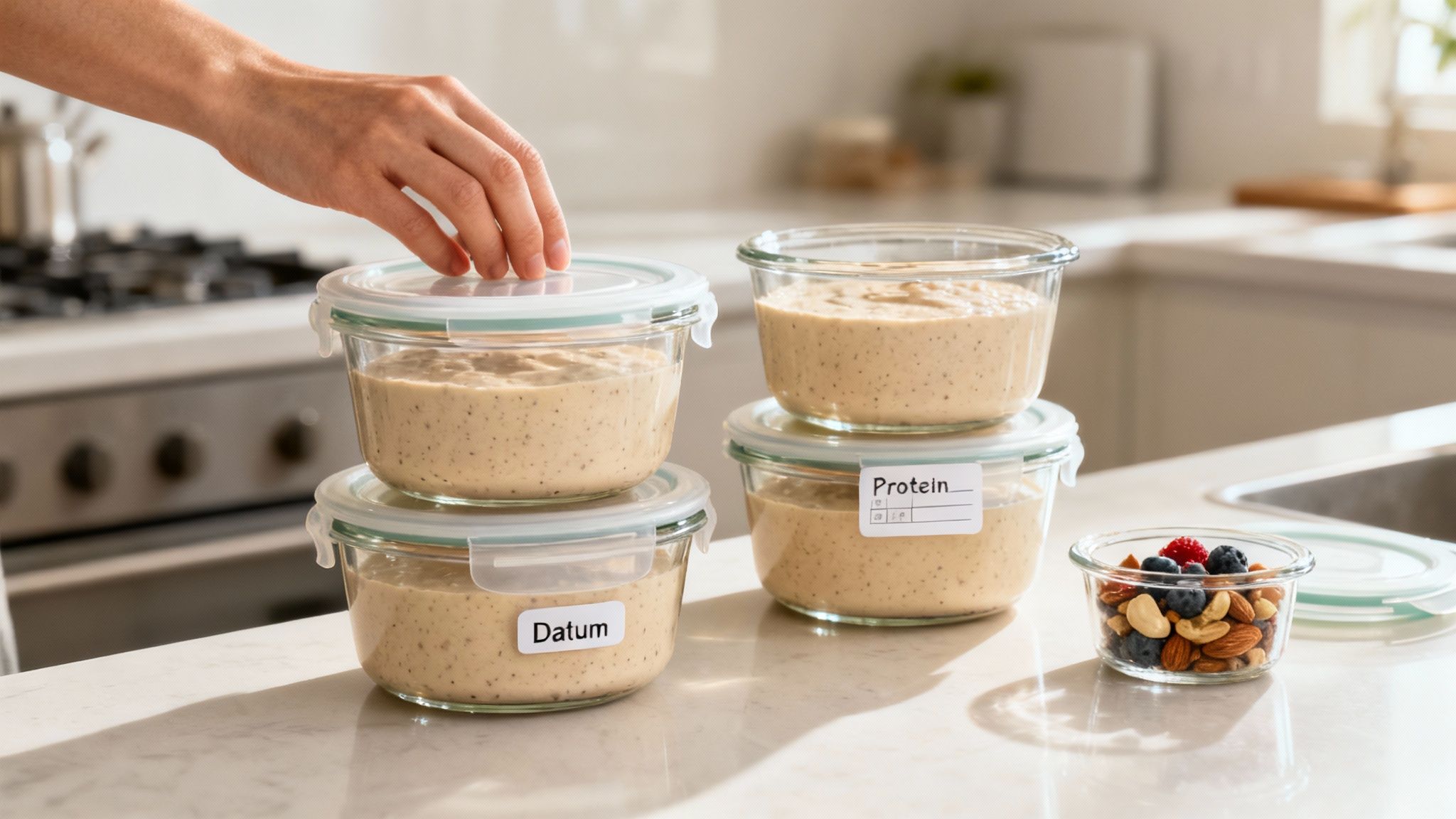 Eine Person rührt Protein Pudding in einer Schüssel an, im Hintergrund stehen frische Beeren.