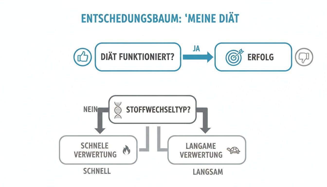 Ein Entscheidungsbaum zur Diätbewertung, der bei Misserfolg den Stoffwechseltyp in schnelle oder langsame Verwertung unterteilt.