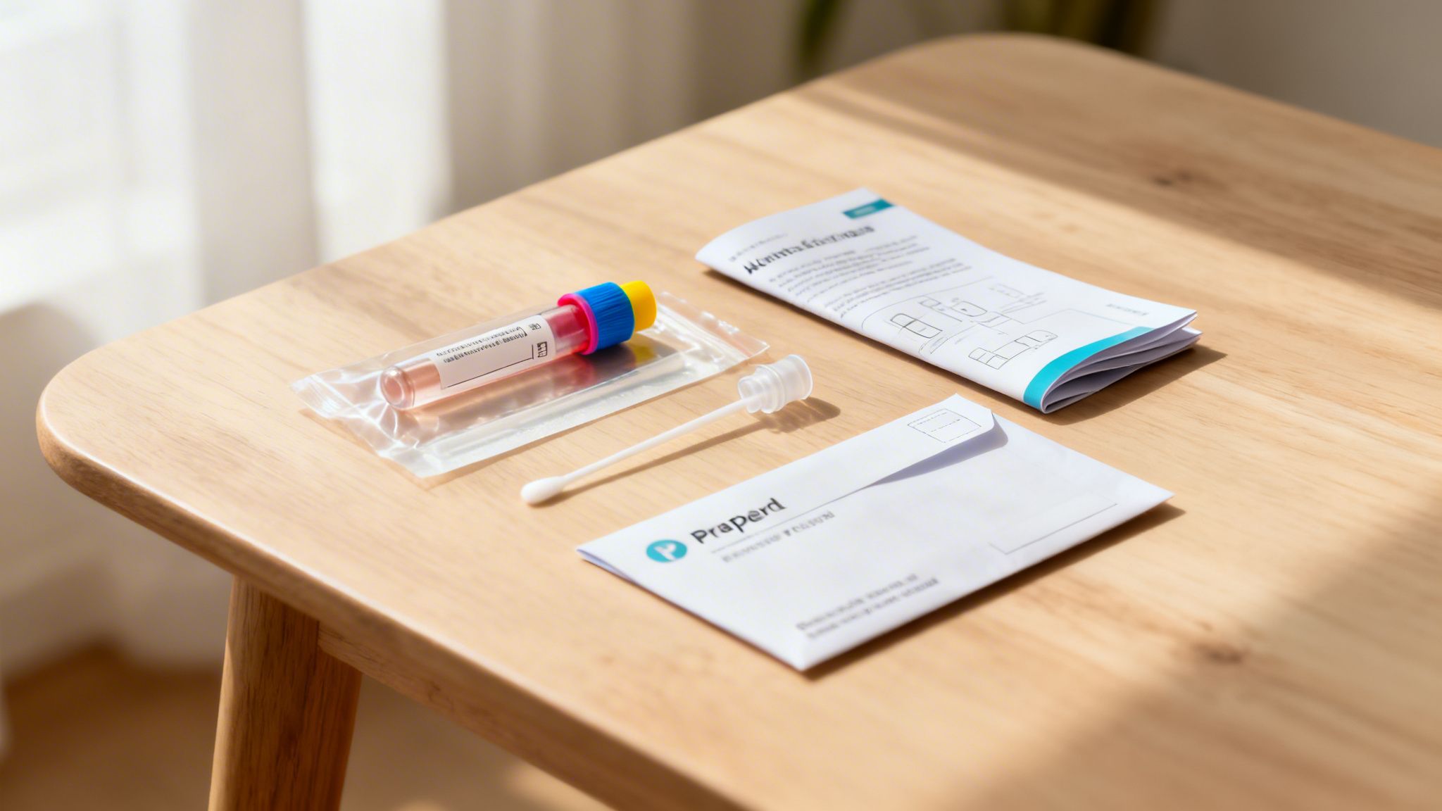 Ein Heimtest-Kit mit Tupfer, Probenröhrchen und Anleitung liegt auf einem hellen Holztisch bereit.