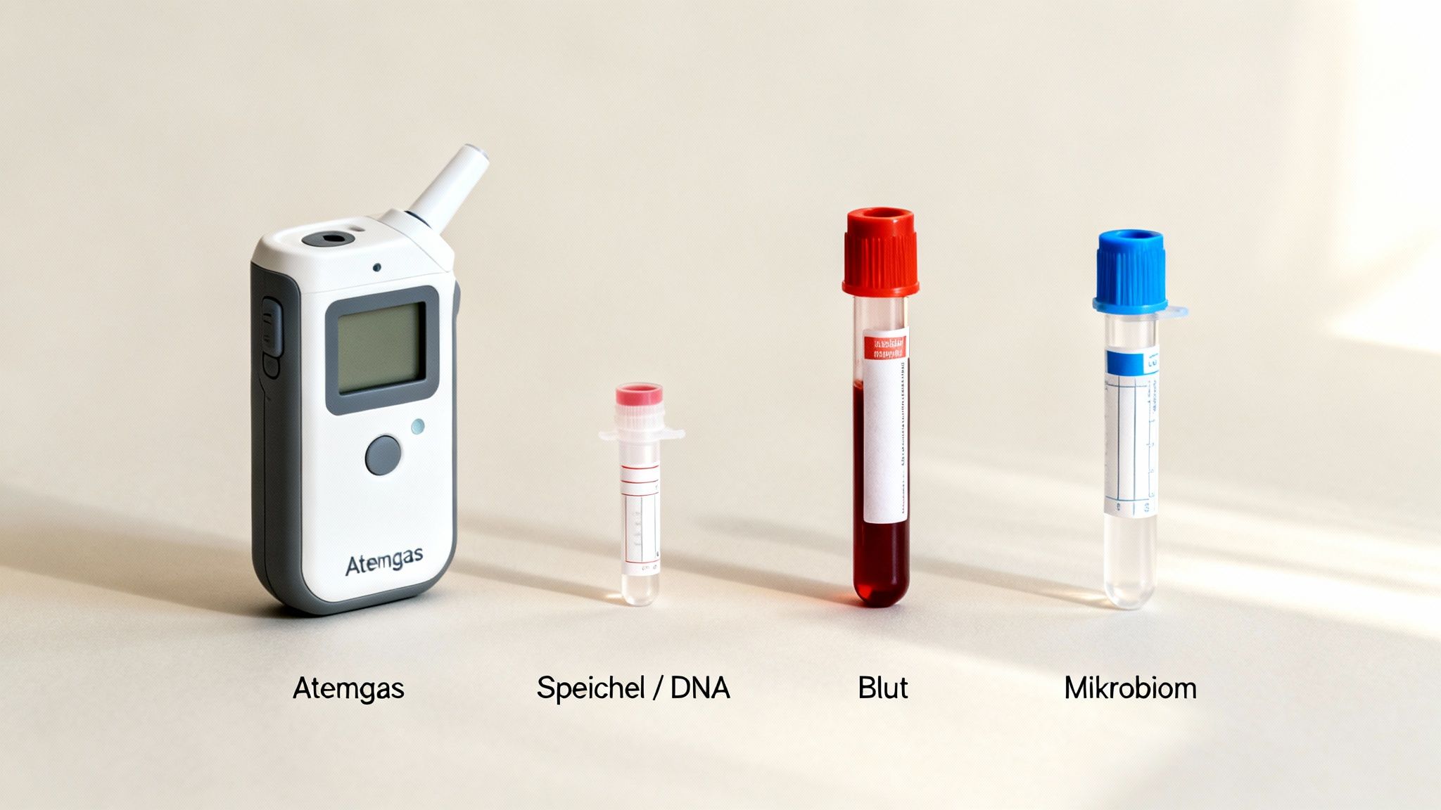 Vier verschiedene Proben für Stoffwechselanalysen: Atemgasgerät, Speichel-, Blut- und Mikrobiom-Röhrchen auf hellem Hintergrund.
