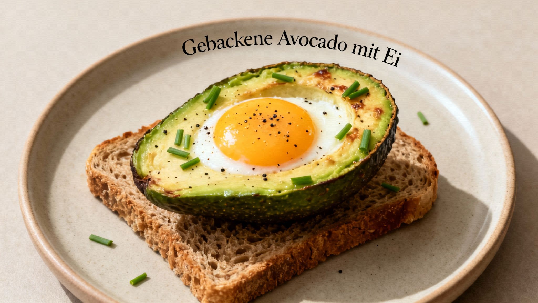 Eine gebackene Avocado mit Spiegelei, Pfeffer und Schnittlach auf einem Toastbrot, angerichtet auf einem Teller.