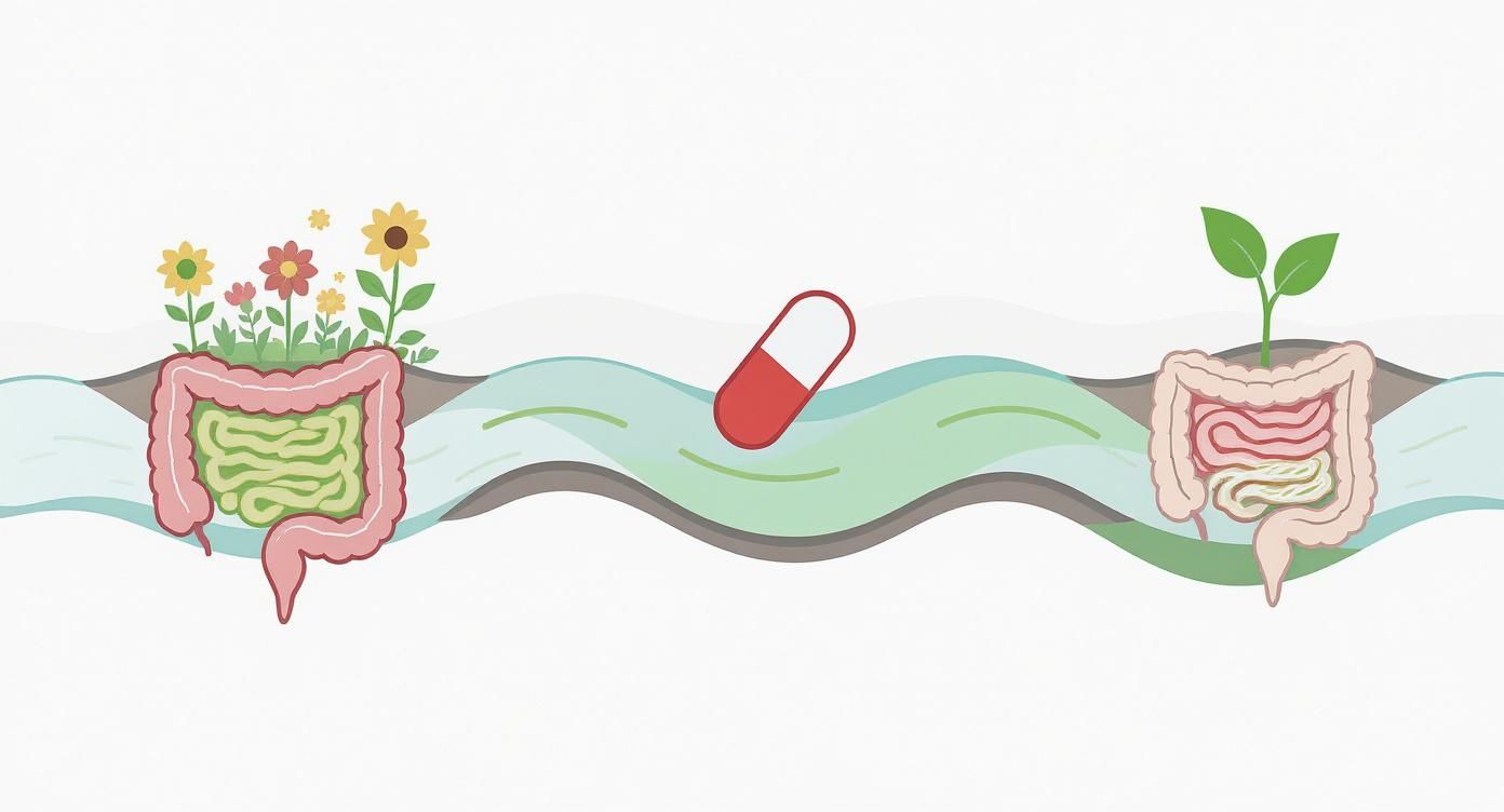 Infografik über den Prozess der Darmflora nach Antibiotika