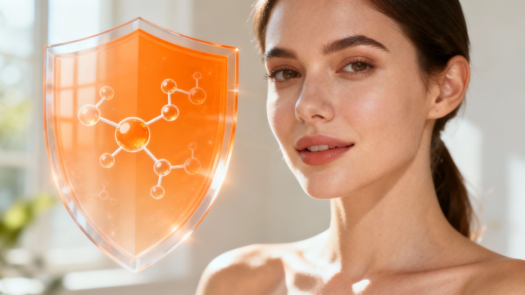 Geschnittenes Obst wie Orangen und Kiwis neben Vitamin-C-Hautpflegeprodukten auf einem Tisch.