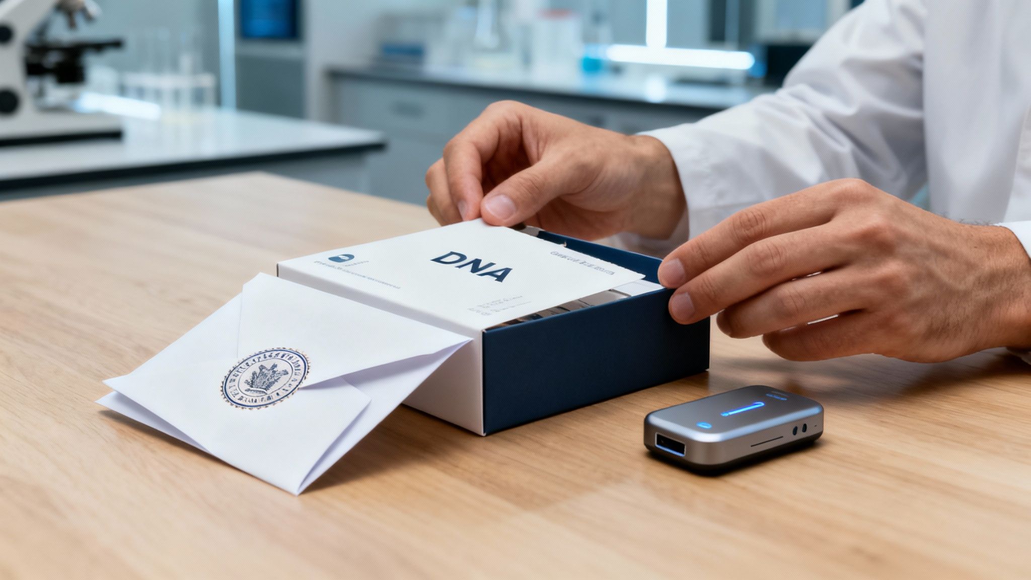Eine Person öffnet einen DNA-Test-Kit auf einem Holztisch in einem Labor. Daneben liegen ein Umschlag und ein Gerät.