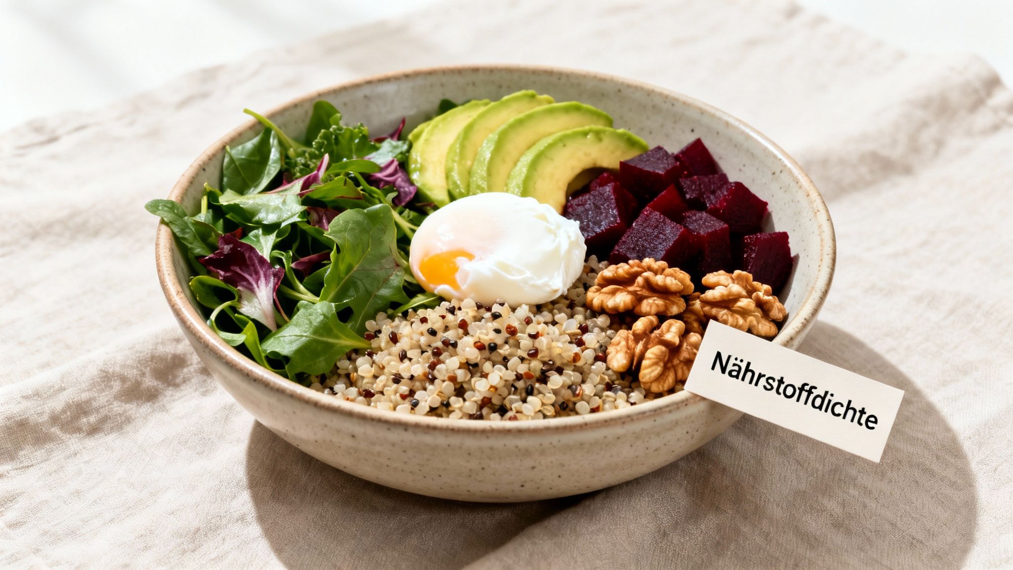 Eine bunte Buddha Bowl mit Quinoa, Avocado, Roter Bete, Walnüssen, Salat und pochiertem Ei. Der Zettel sagt 'Nährstoffdichte'.