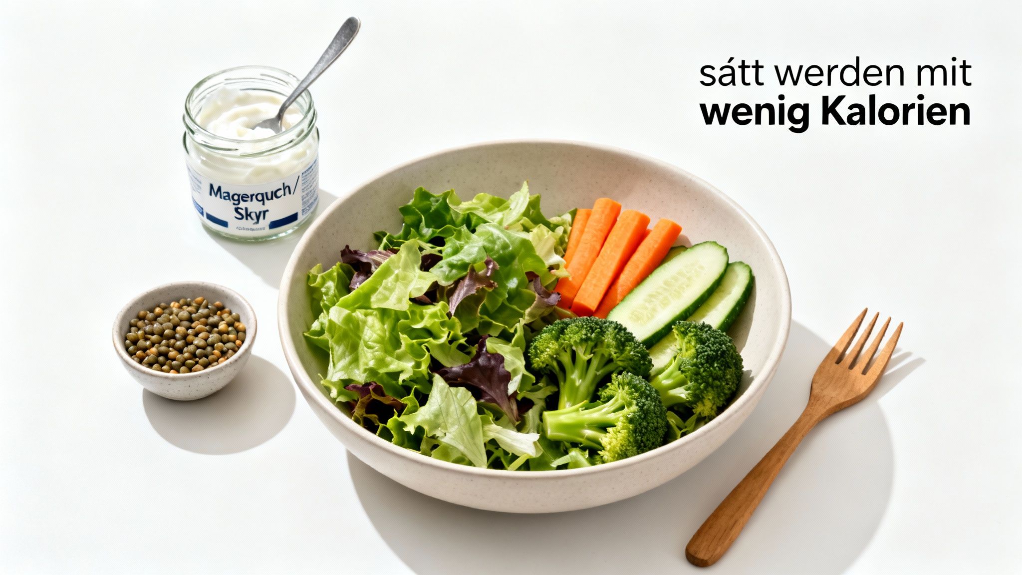 Eine bunte Schüssel gefüllt mit frischem Gemüse und Hülsenfrüchten, die Sattmacher mit wenig Kalorien repräsentieren.