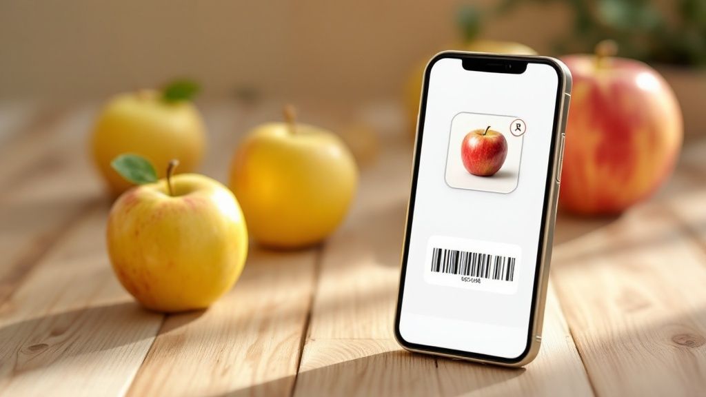 Eine Person hält ein Smartphone in der Hand, auf dem eine Ernährungs-App mit Nährwertangaben angezeigt wird.