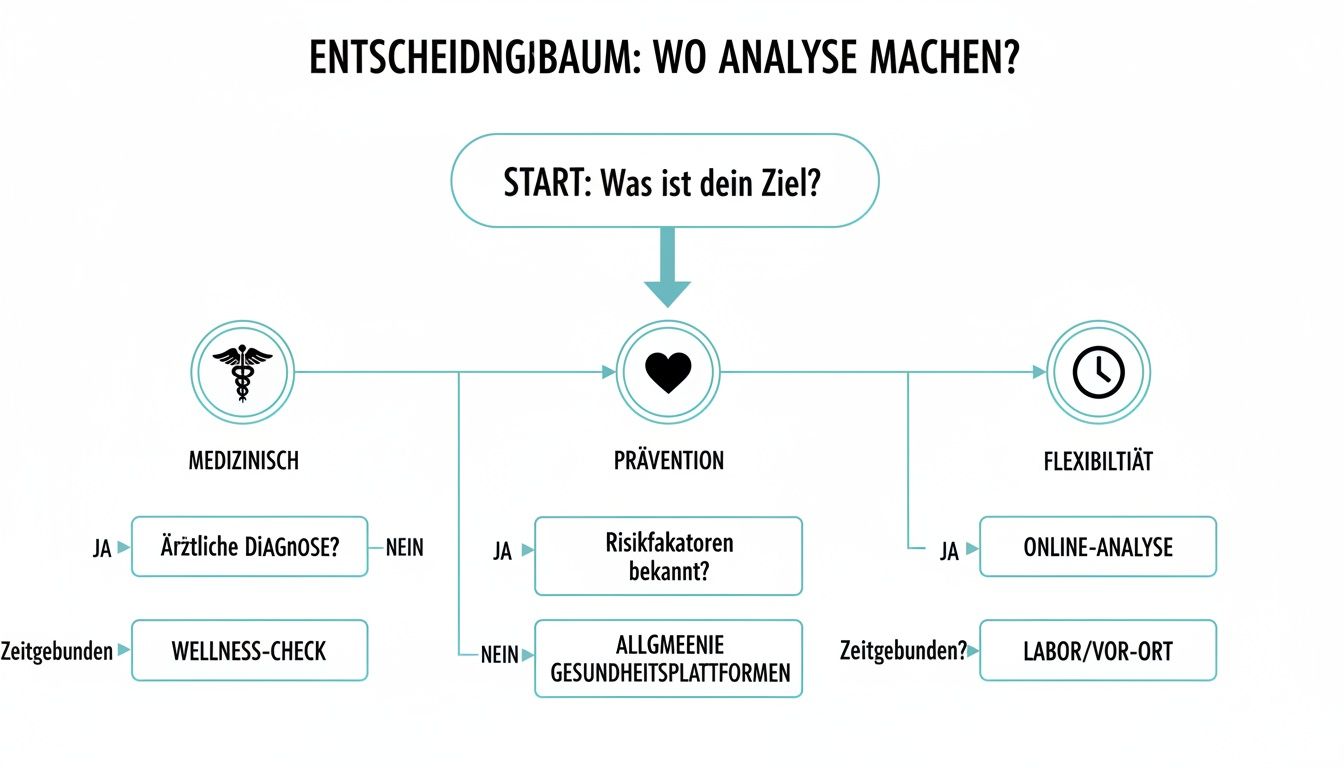 Entscheidungsbaum zur Wahl des passenden Ortes für eine Analyse, basierend auf medizinischen Zielen, Prävention oder Flexibilität.