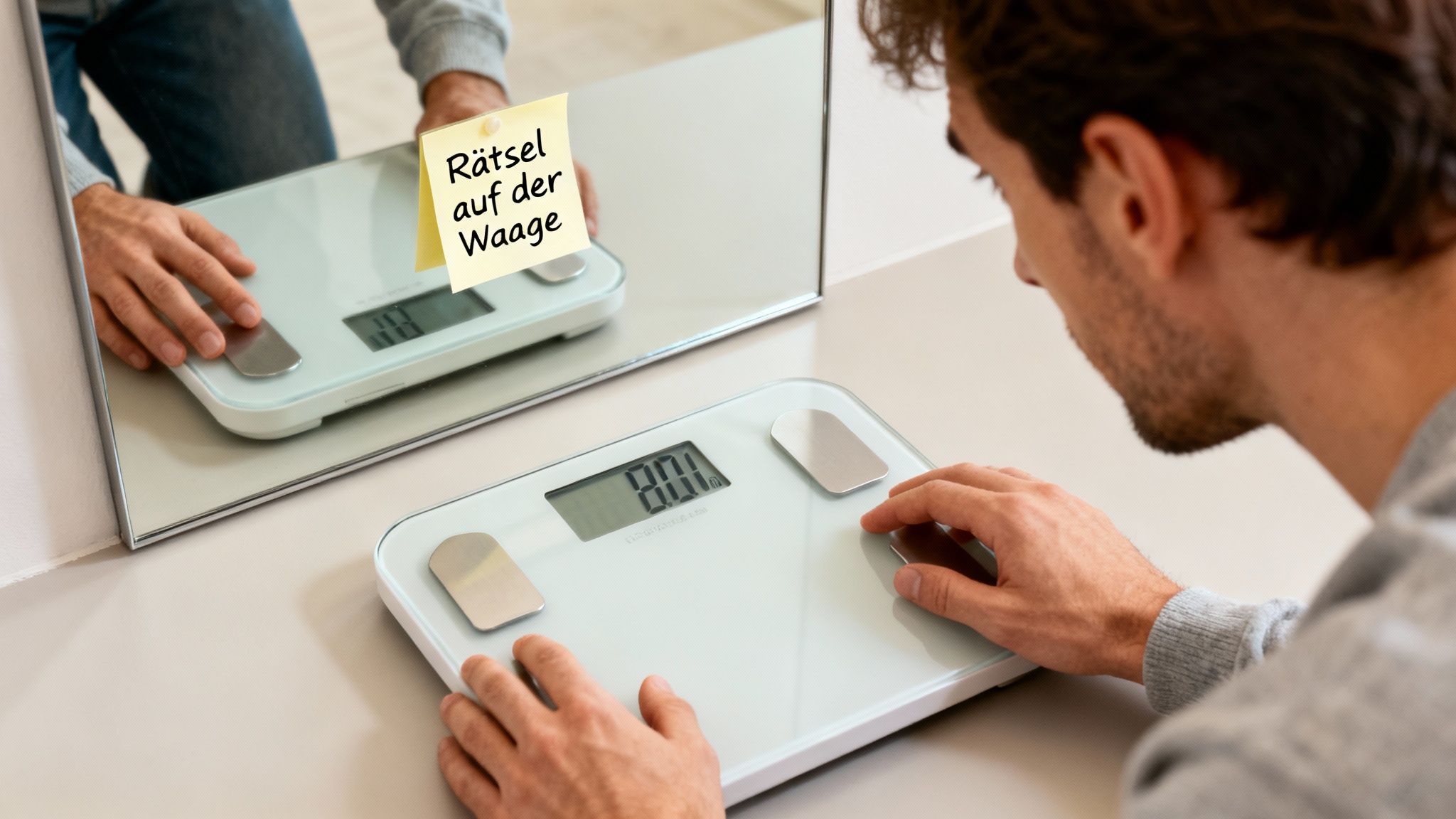 Mann blickt auf eine digitale Waage, die 0.0 anzeigt. Im Spiegel erscheint ein Post-it: 'Rätsel auf der Waage'.