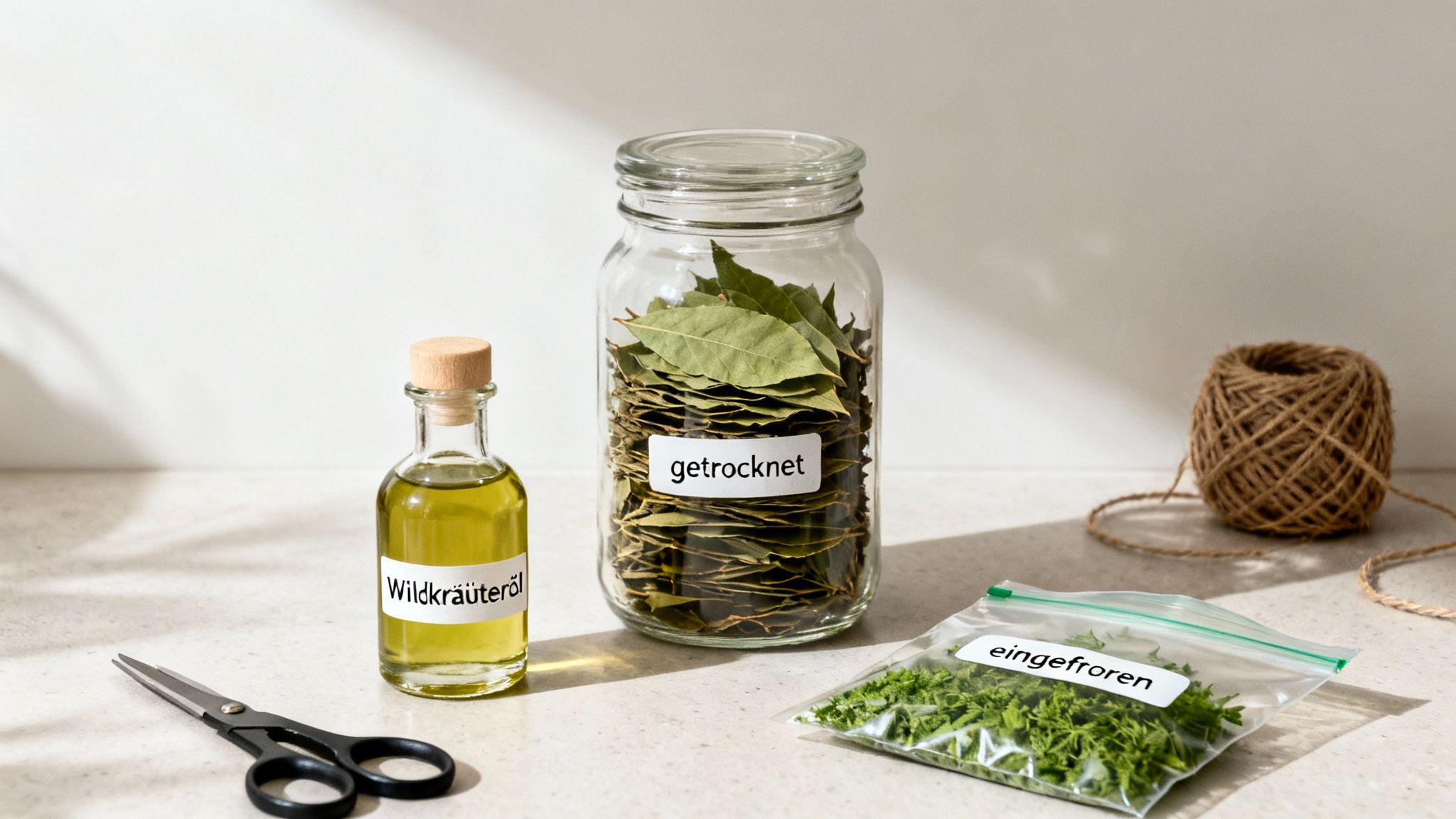 Bodegón con aceite de hierbas silvestres, hojas de laurel secas y hierbas congeladas para su conservación.