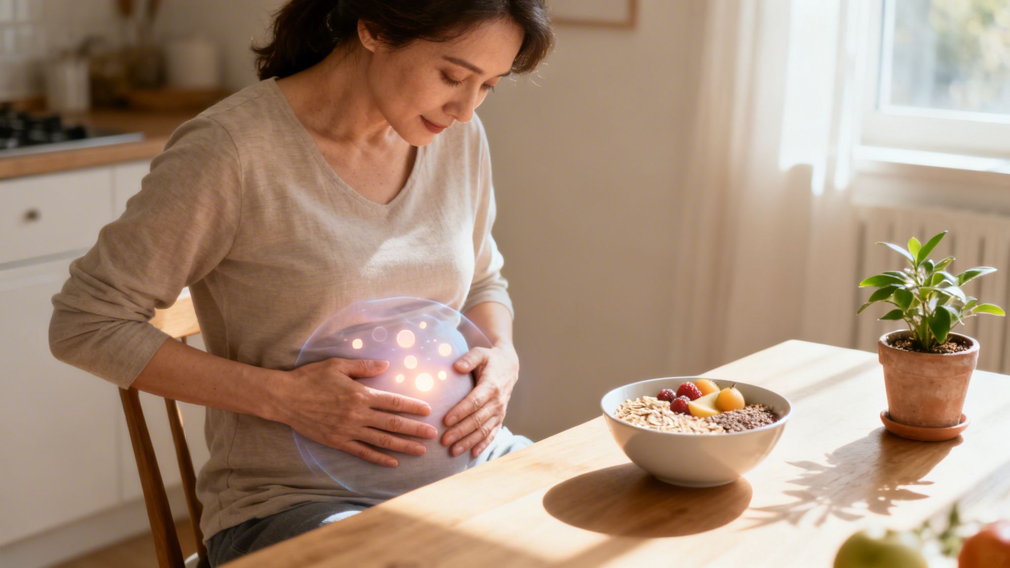 Eine Frau hält ihren Bauch, der mit leuchtenden Partikeln visualisiert ist, während ein gesundes Frühstück vor ihr steht.
