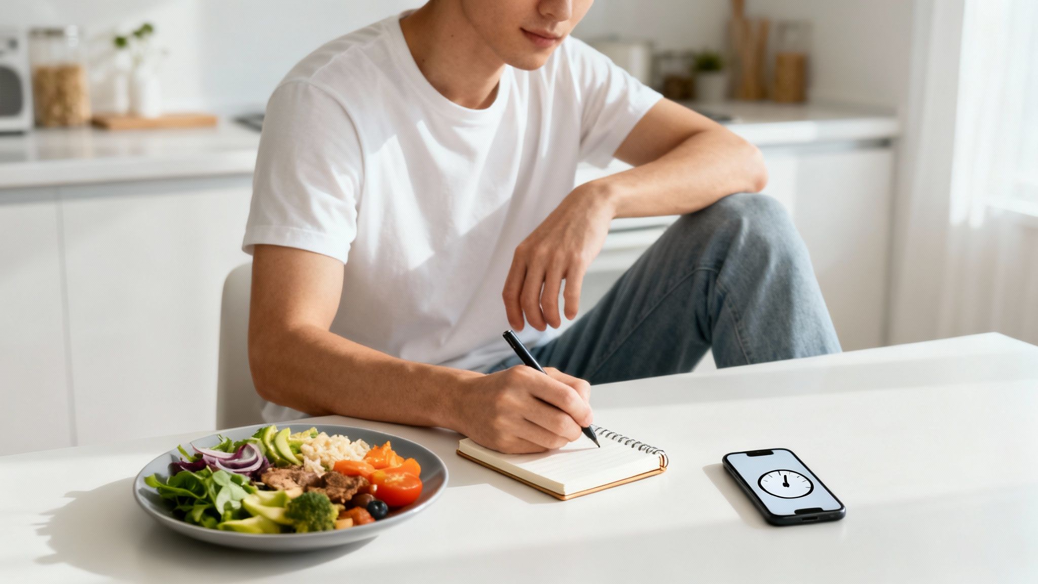 Mann schreibt Notizen an einem Küchentisch mit einer gesunden Mahlzeit und einem Smartphone mit Timer-Symbol.