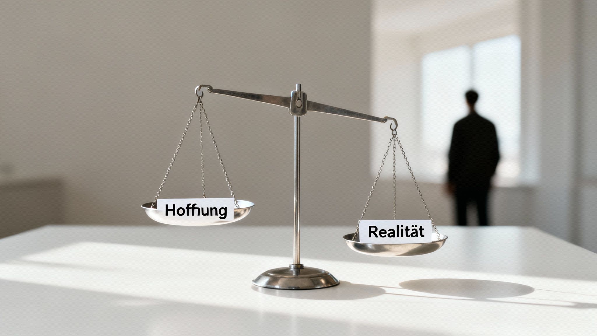 Eine Waage mit den Begriffen "Hoffnung" und "Realität" ist perfekt ausbalanciert, ein Mensch steht im Hintergrund.