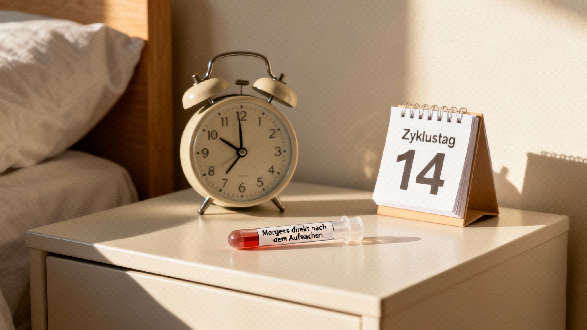 Nachttisch mit Wecker, Kalender (Zyklustag 14) und Blutröhrchen für einen Hormontest zu Hause.