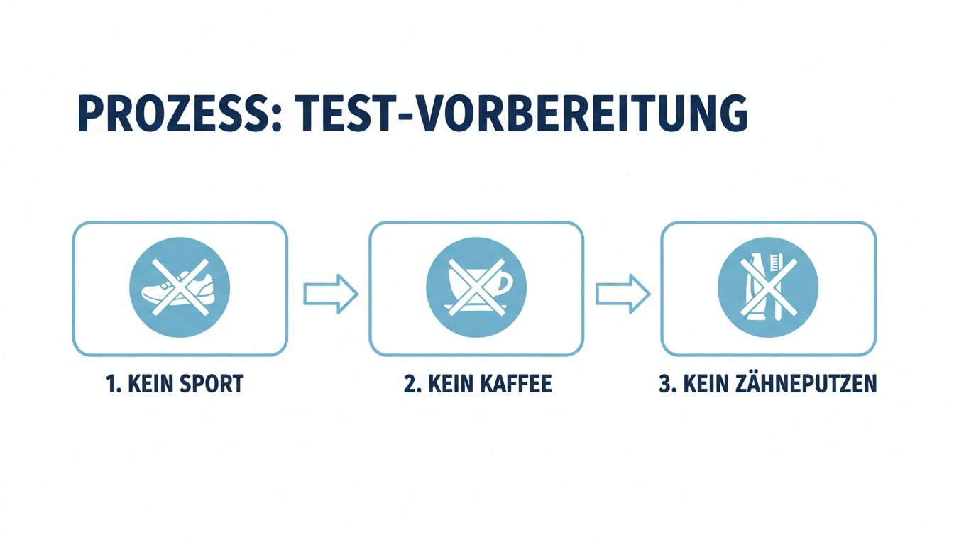 Prozessdiagramm zur Testvorbereitung: Kein Sport, kein Kaffee und kein Zähneputzen vor dem Test.