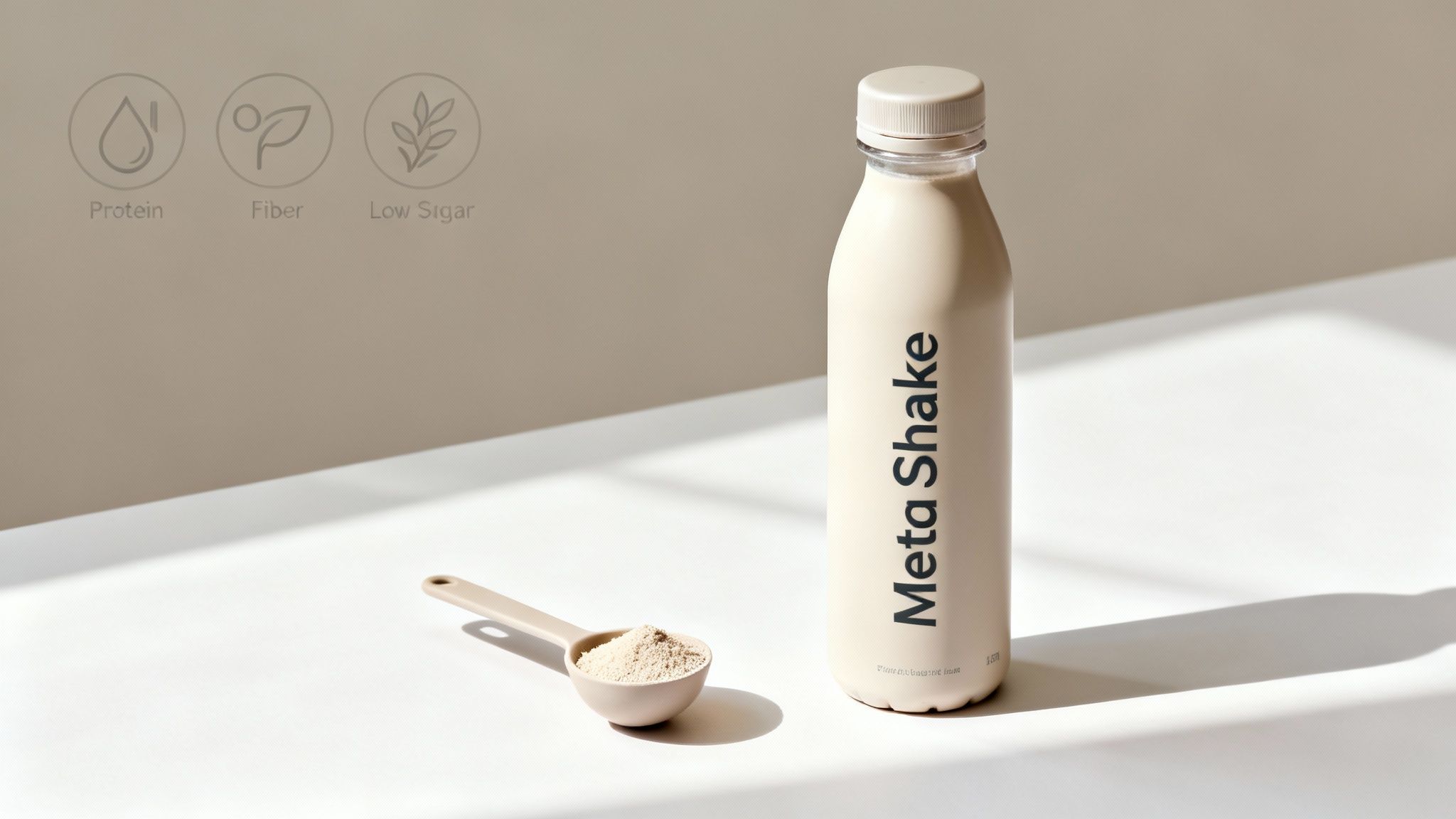 Eine Person bereitet den Meta-Shake von Bodysperfect in einem Shaker zu, umgeben von gesunden Zutaten wie Beeren und Nüssen.