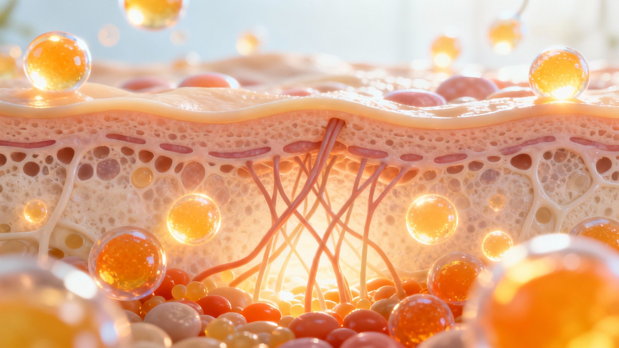 Nahaufnahme einer Hautzelle, die Kollagenfasern produziert und durch Vitamin C geschützt wird.
