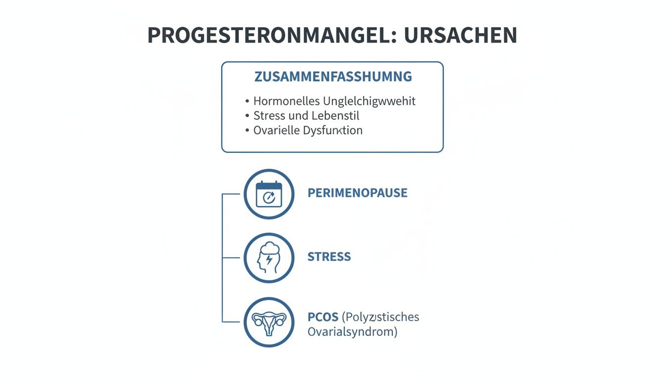 Infografik zu den Ursachen von Progesteronmangel, wie hormonelles Ungleichgewicht, Stress, Perimenopause und PCOS.