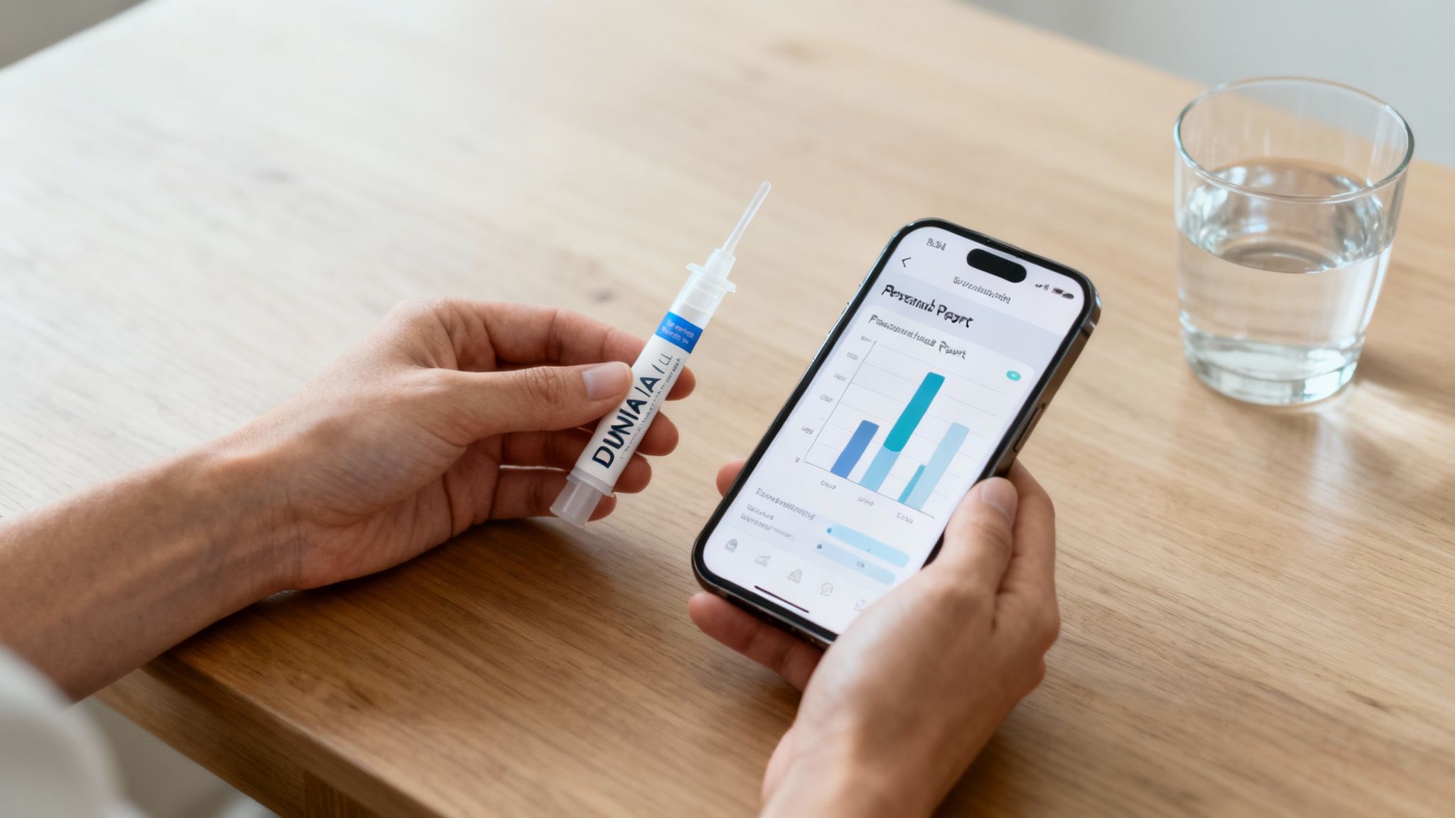Eine Hand hält eine Spritze und ein Smartphone mit einem Diagramm. Ein Glas Wasser steht daneben.