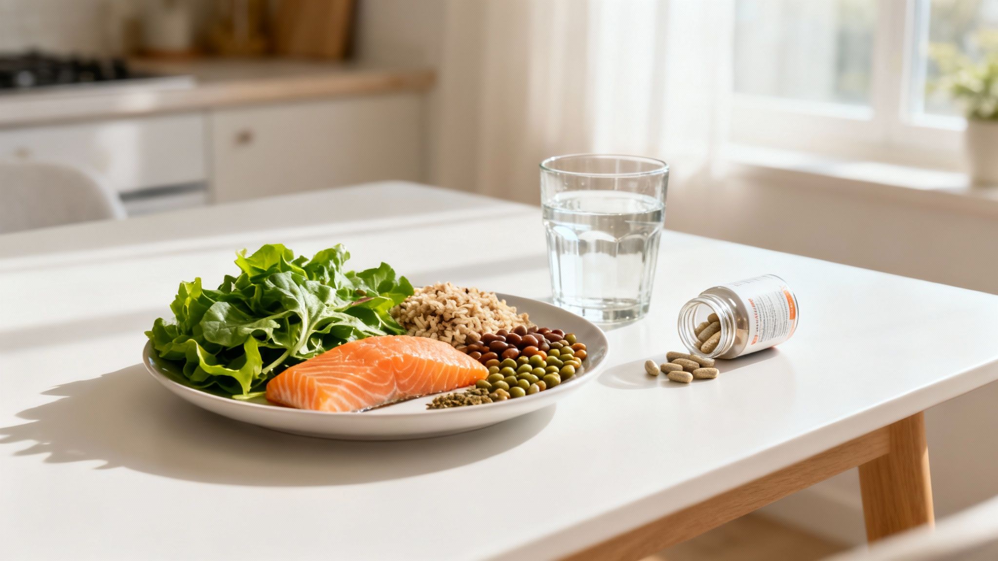Un piatto di salmone, insalata, riso e fagioli, con acqua e capsule vitaminiche accanto, su un tavolo.