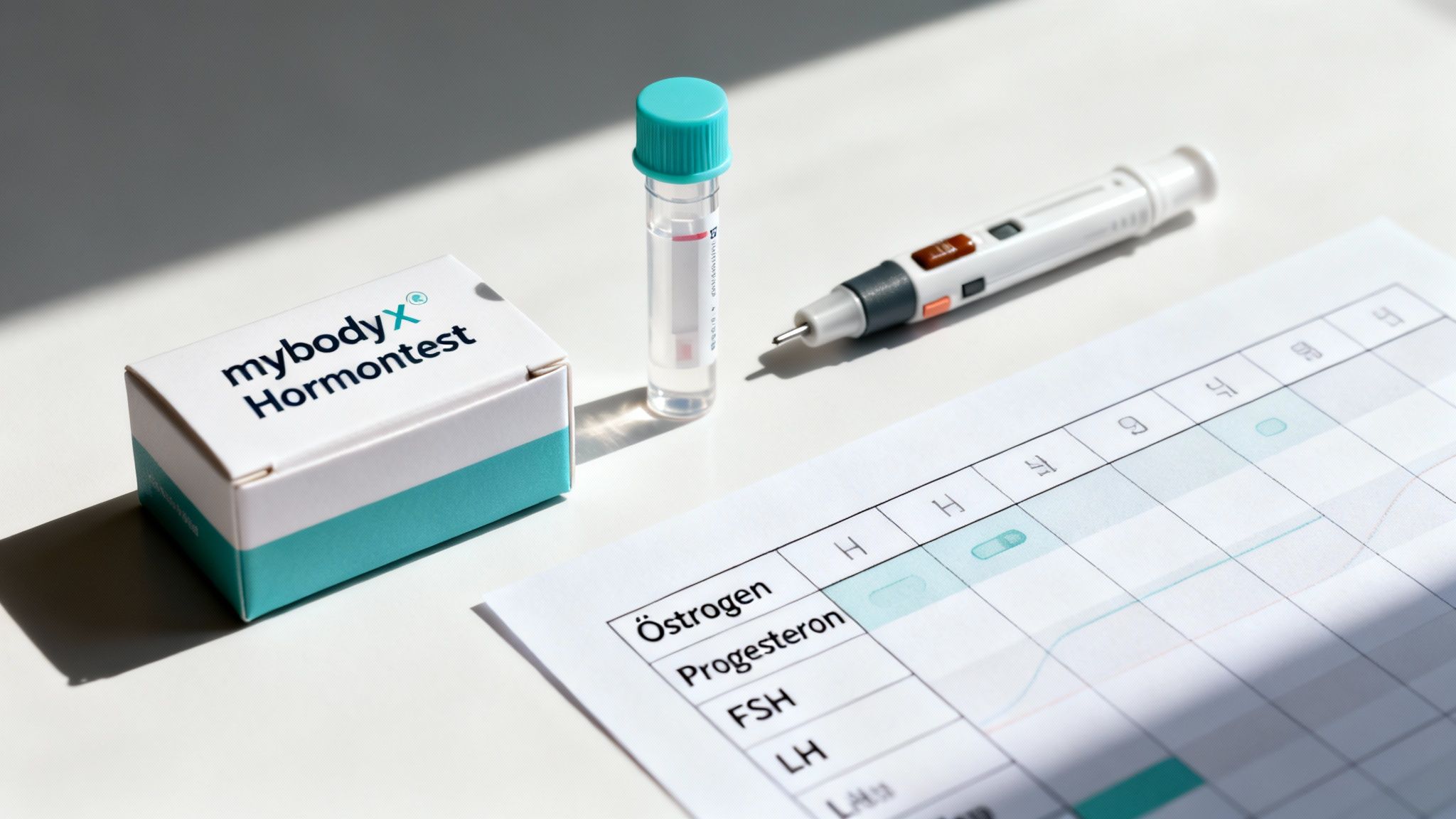 Hormontest-Kit von mybodyX mit Box, Röhrchen, Testgerät und Hormontabelle zur Überwachung des Zyklus.