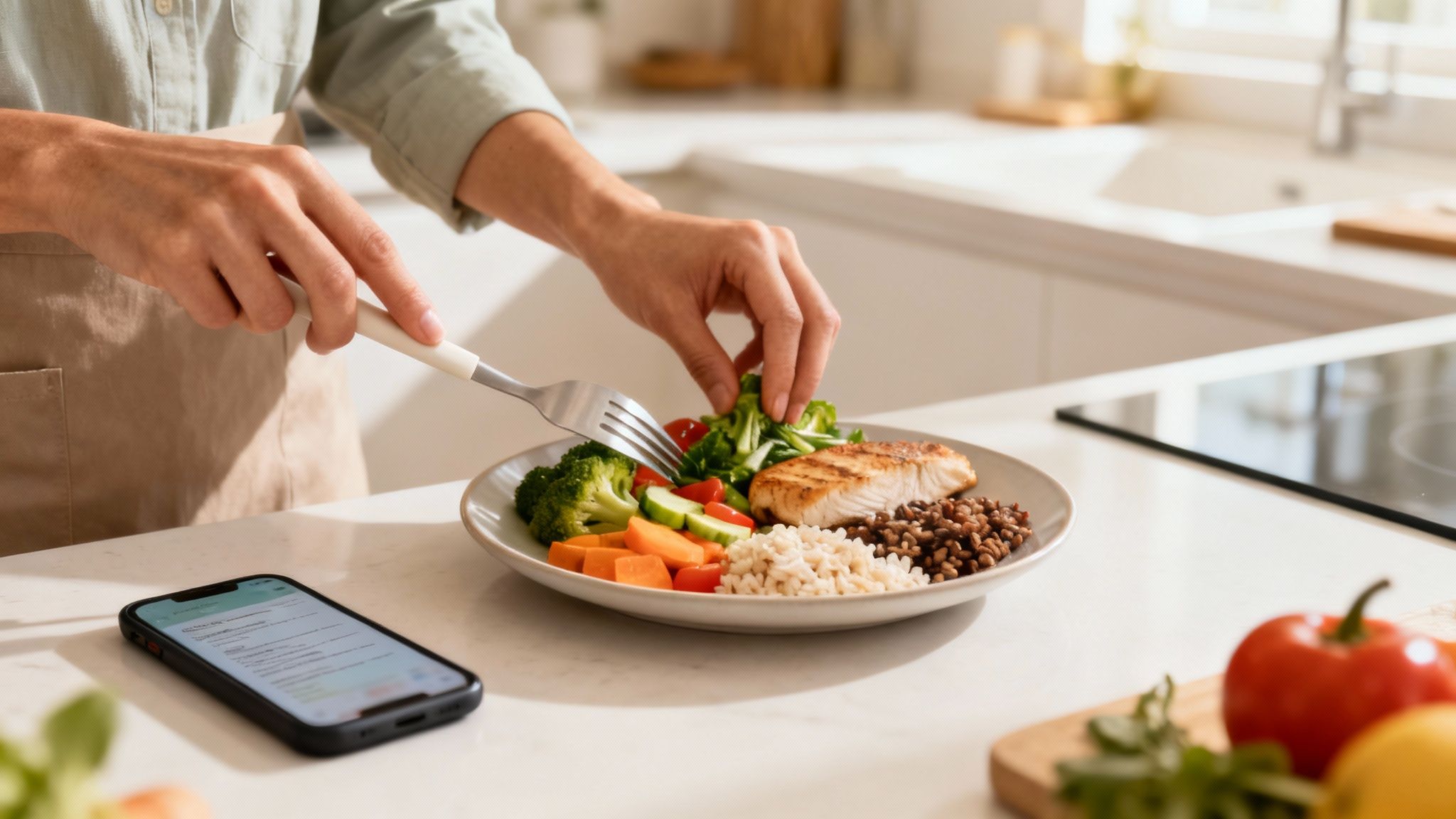 A person is preparing a healthy meal of fish, vegetables, and rice on a plate in a modern kitchen. A smartphone lies next to them.