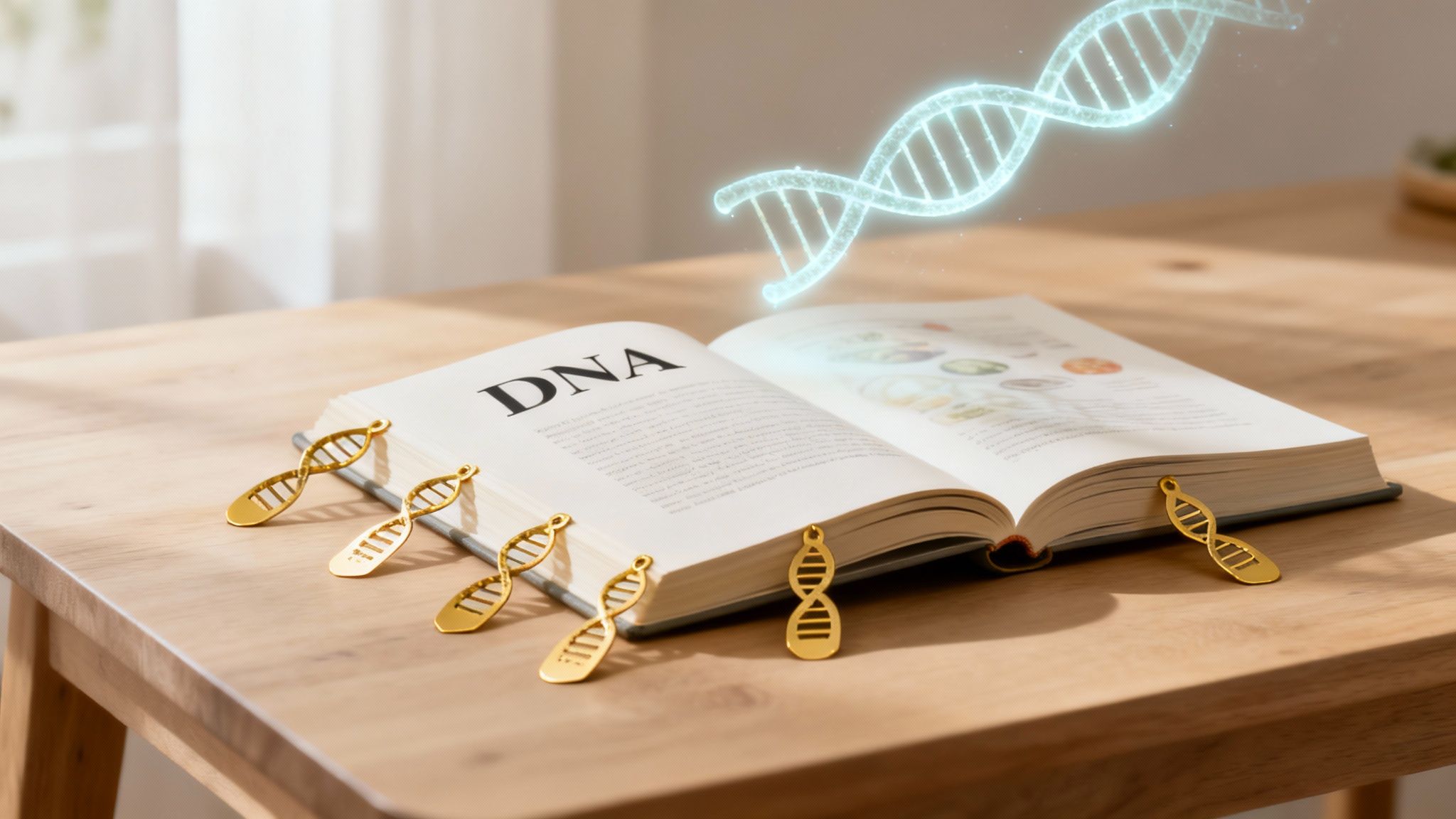 Nahaufnahme einer Pipette, die eine Flüssigkeit auf eine DNA-Doppelhelix-Struktur tropft, symbolisiert die moderne Wissenschaft.