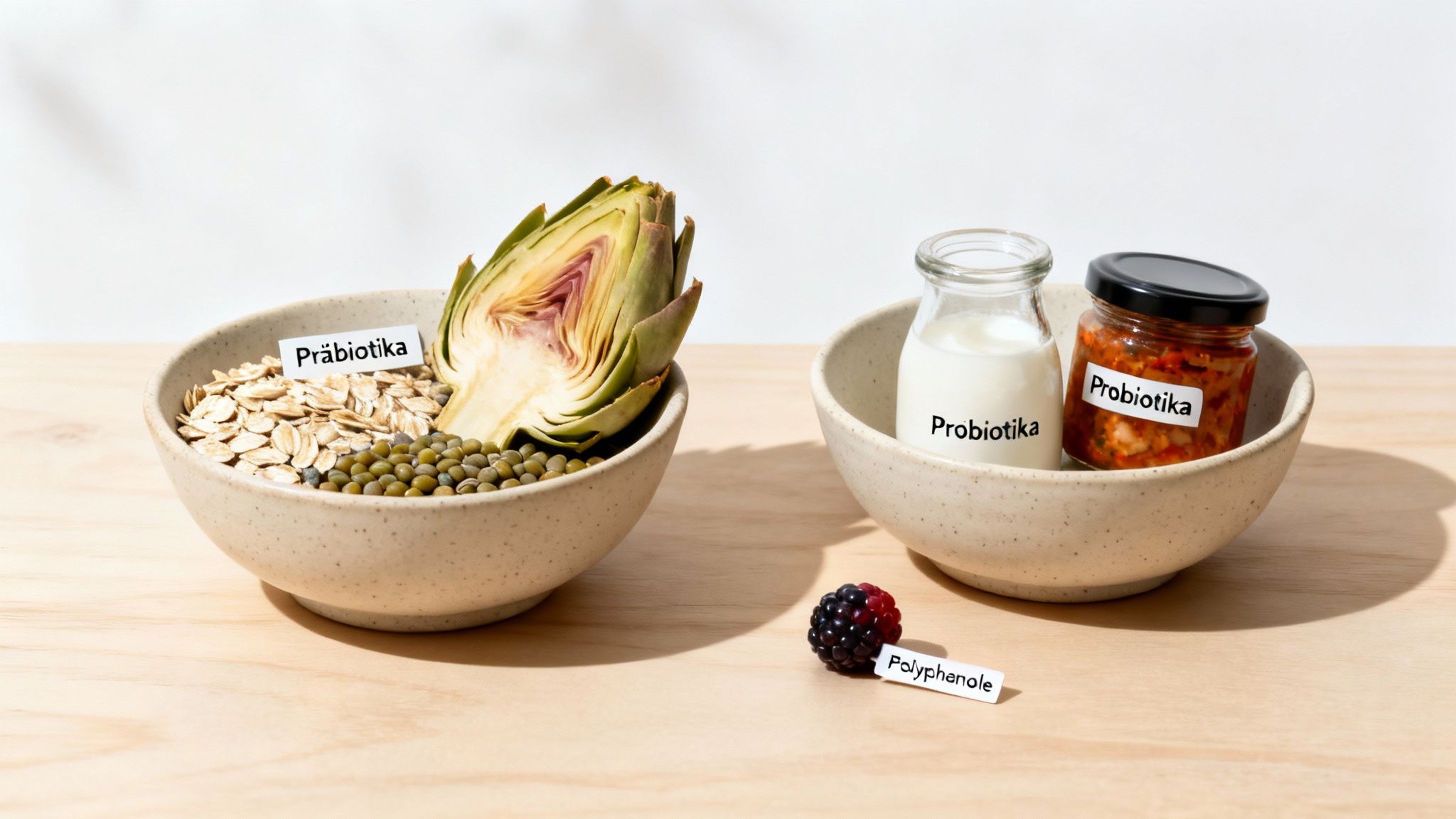 Lebensmittel mit Präbiotika, Probiotika und Polyphenolen in Schalen auf Holzoberfläche für ein gesundes Mikrobiom.