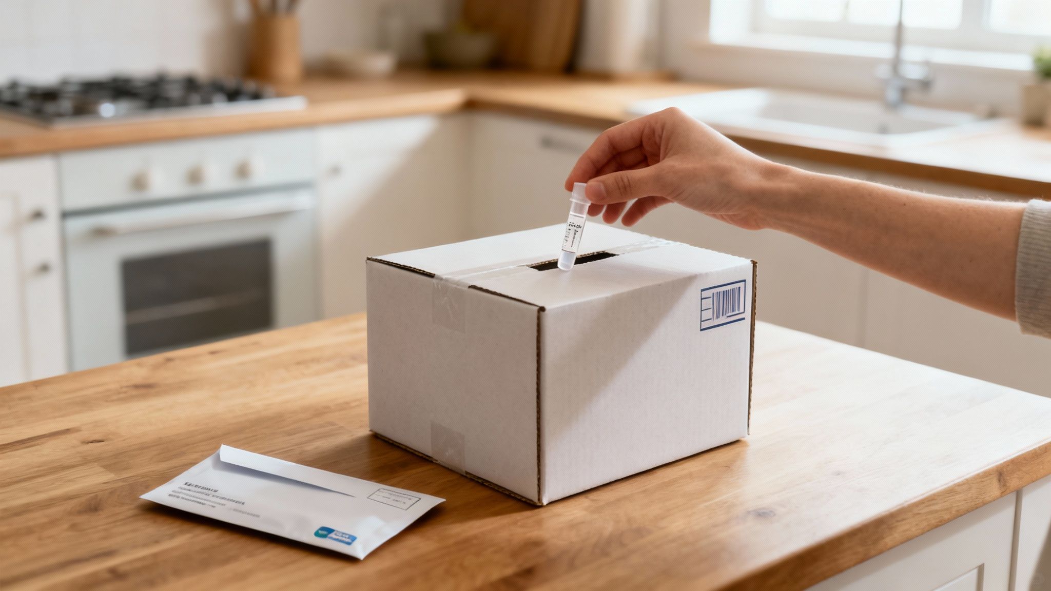 Eine Hand legt eine Probe in eine weiße Box auf einer Küchentheke, neben einem Umschlag.