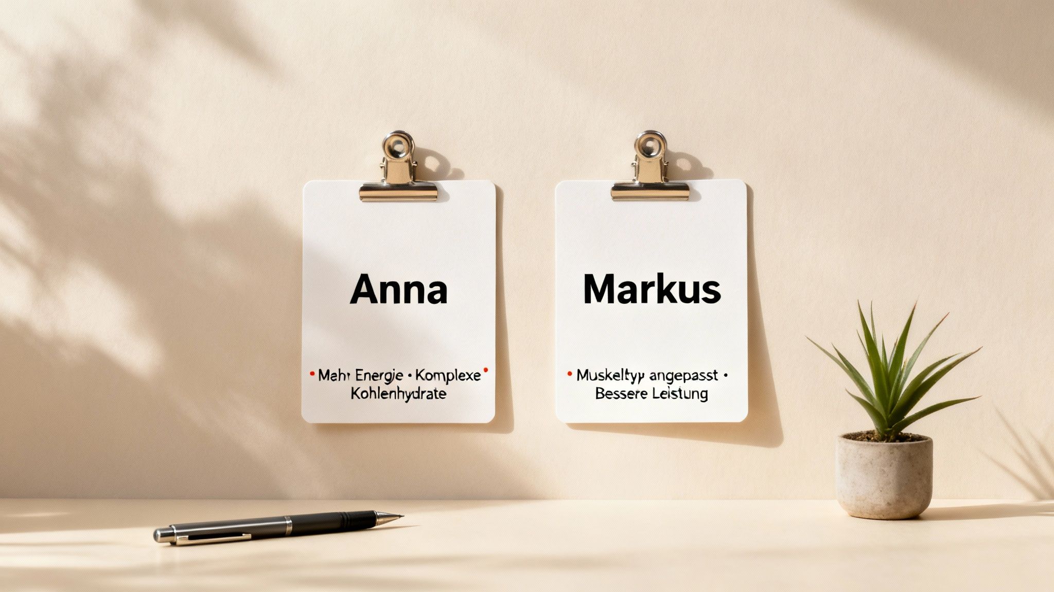 Zwei weiße Klemmbretter mit Namen Anna und Markus, die personalisierte Ernährungs- oder Trainingsinformationen zeigen.