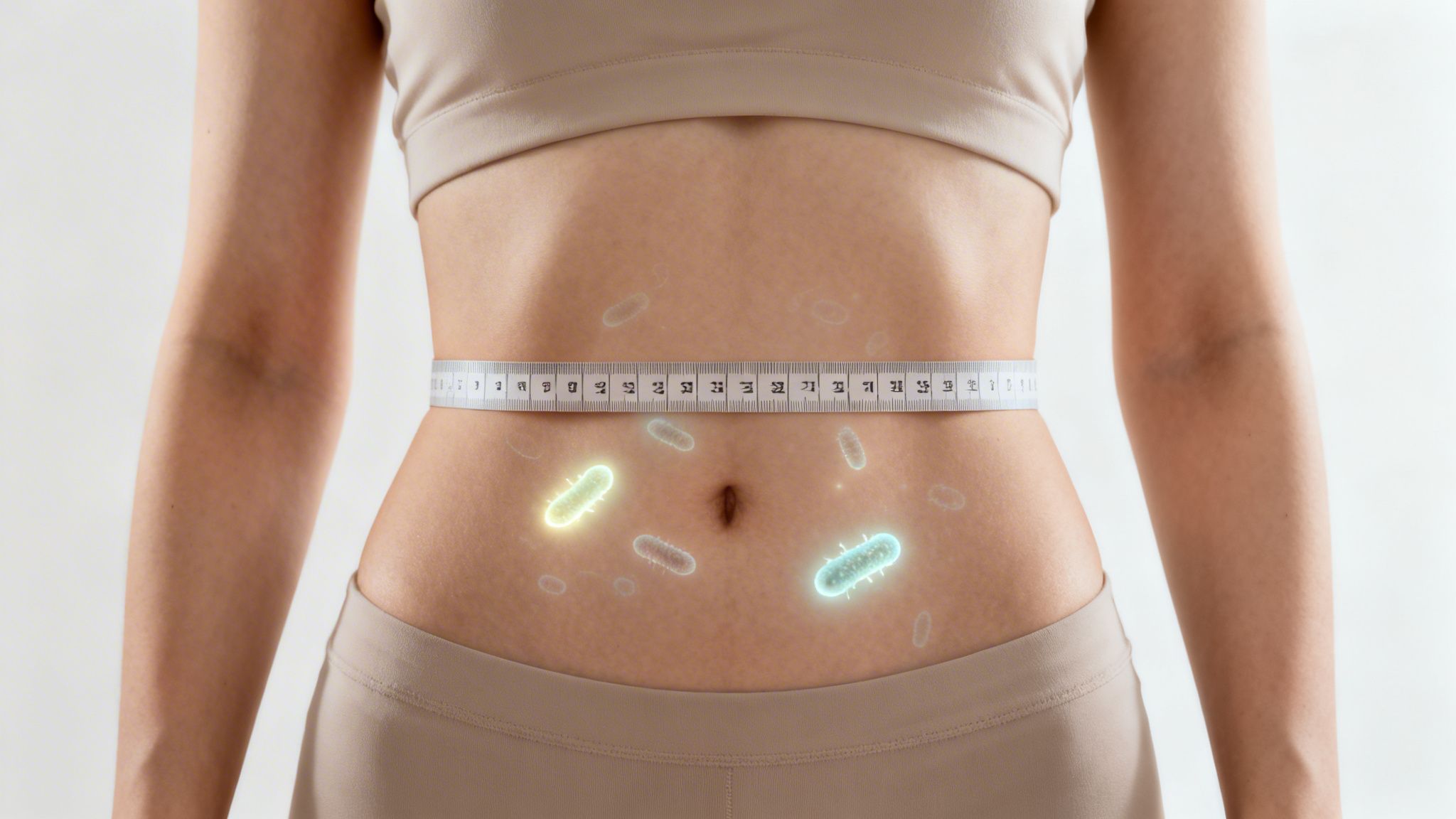 Bauch einer Frau mit Maßband und leuchtenden Bakterien, die das Darm-Mikrobiom darstellen.