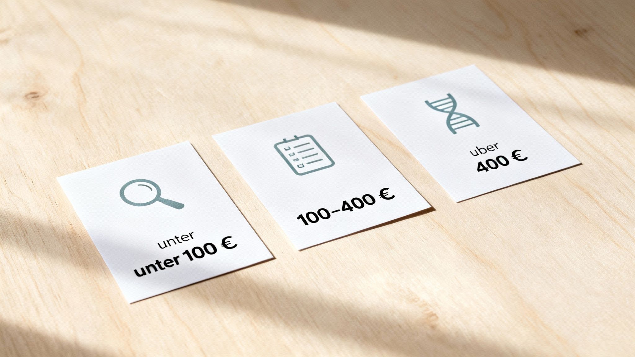 Drei Karten auf Holz zeigen Kostenstufen für eine Stoffwechselanalyse: unter 100 €, 100-400 € und über 400 €.