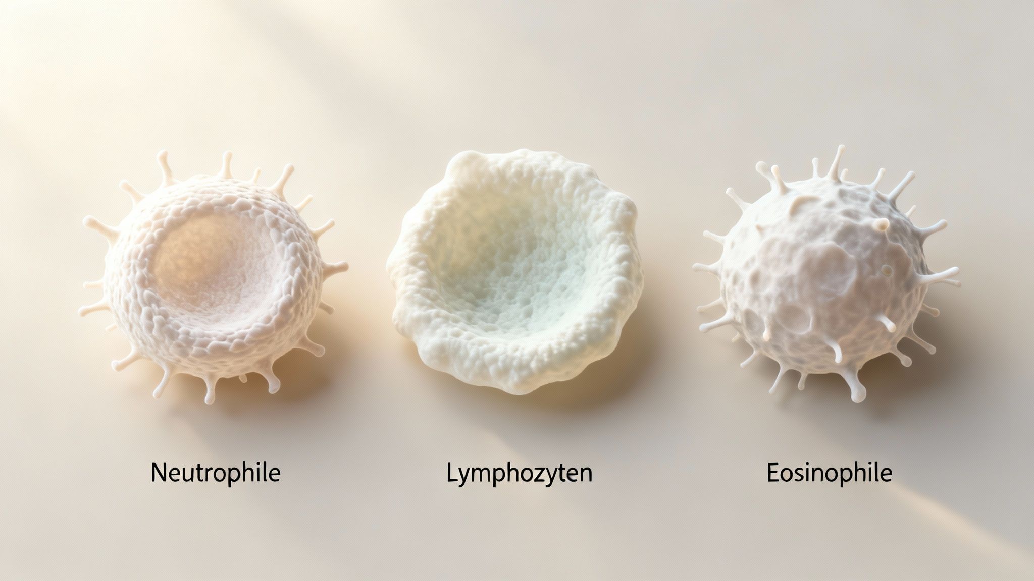 Drei verschiedene Arten von weißen Blutkörperchen: Neutrophile, Lymphozyten und Eosinophile, in mikroskopischer Ansicht dargestellt.